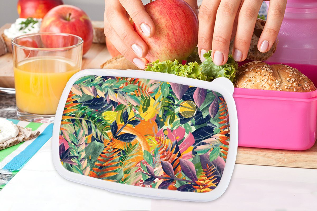 Lunchbox für - (2-tlg), Kinder, Brotbox Kunststoff, rosa - Kunststoff Dschungel Erwachsene, Blumen MuchoWow Snackbox, Tropisch, Mädchen, Brotdose