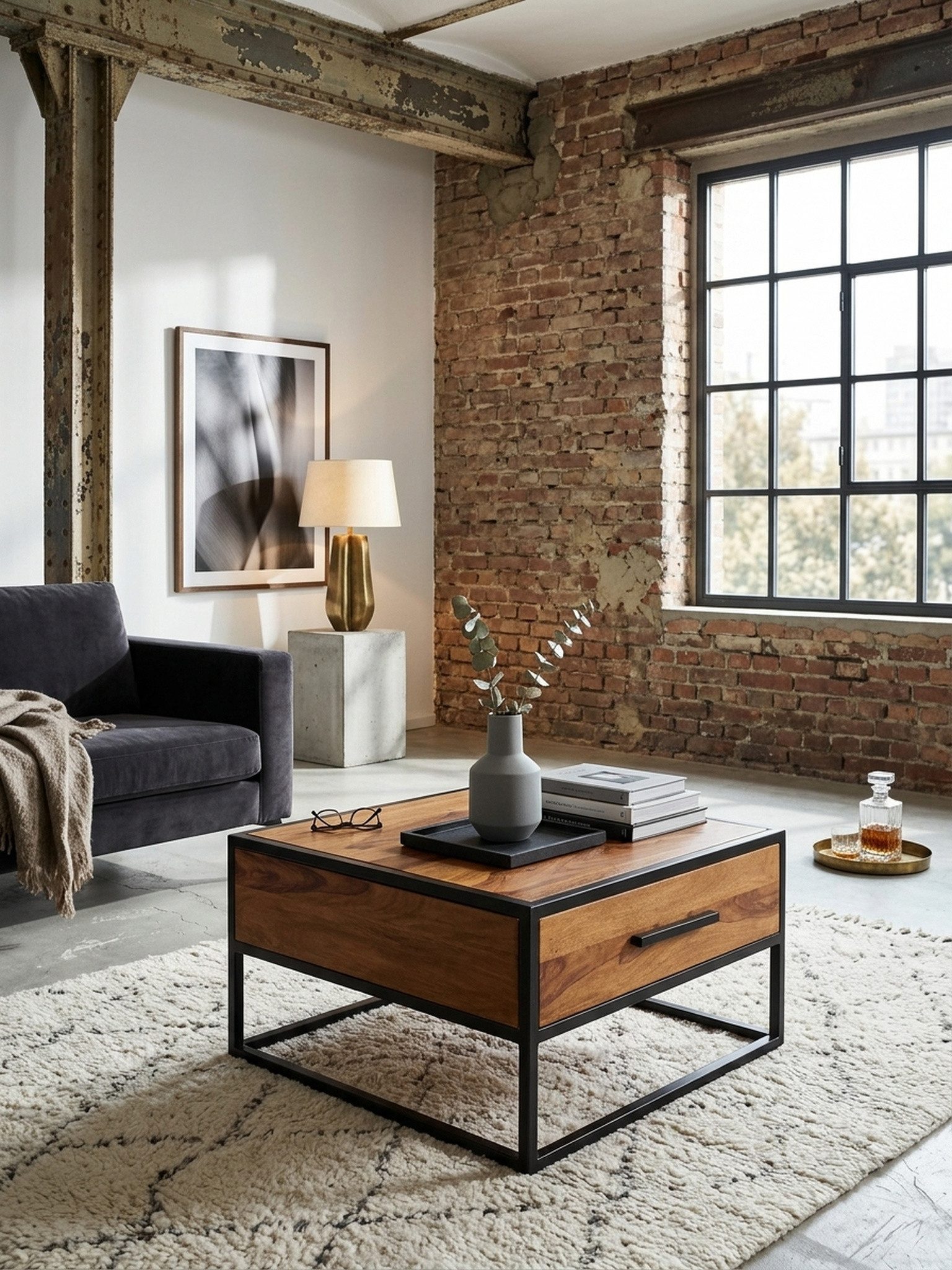 KADIMA DESIGN Couchtisch Industrie-Stil Kaffeetisch, Metall & Holz, für moderne Wohnzimmer