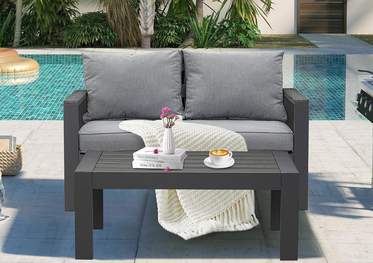 MeXo Gartenlounge-Set Gartenmöbel Set Aluminium, (Balkonset 2 Personen, 2-tlg., 1×2-Sitzer Sofa, 1×Couchtisch, inkl. 3×Auflagen), wetterfest Sitzgruppe Essgruppe Gartengarnitur