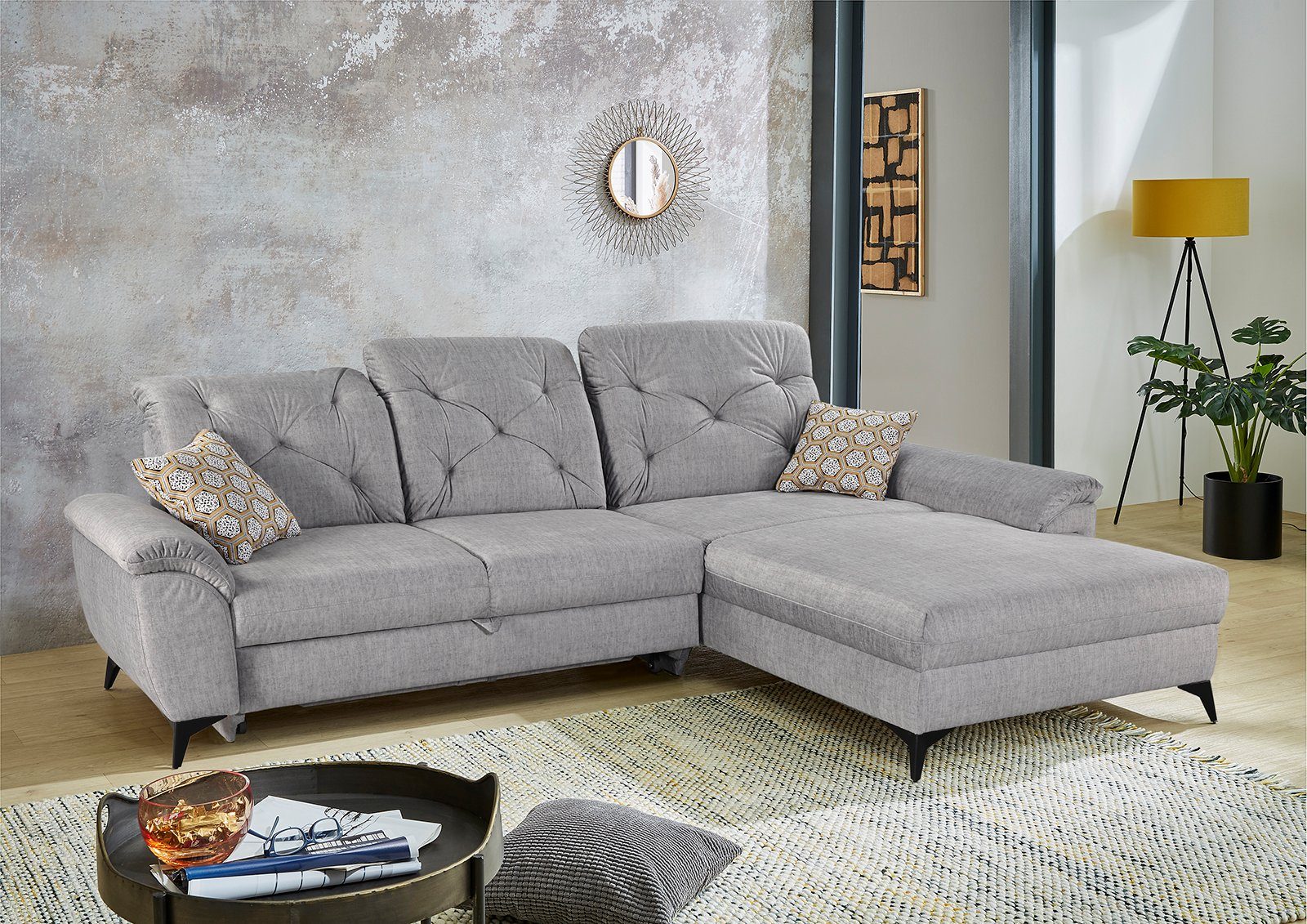 Jockenhöfer Gruppe Ecksofa Studio, 3 individuell, verstellbare Kopftützen, Bettfunktion, Relaxfunktion grau | grau | Ecksofas