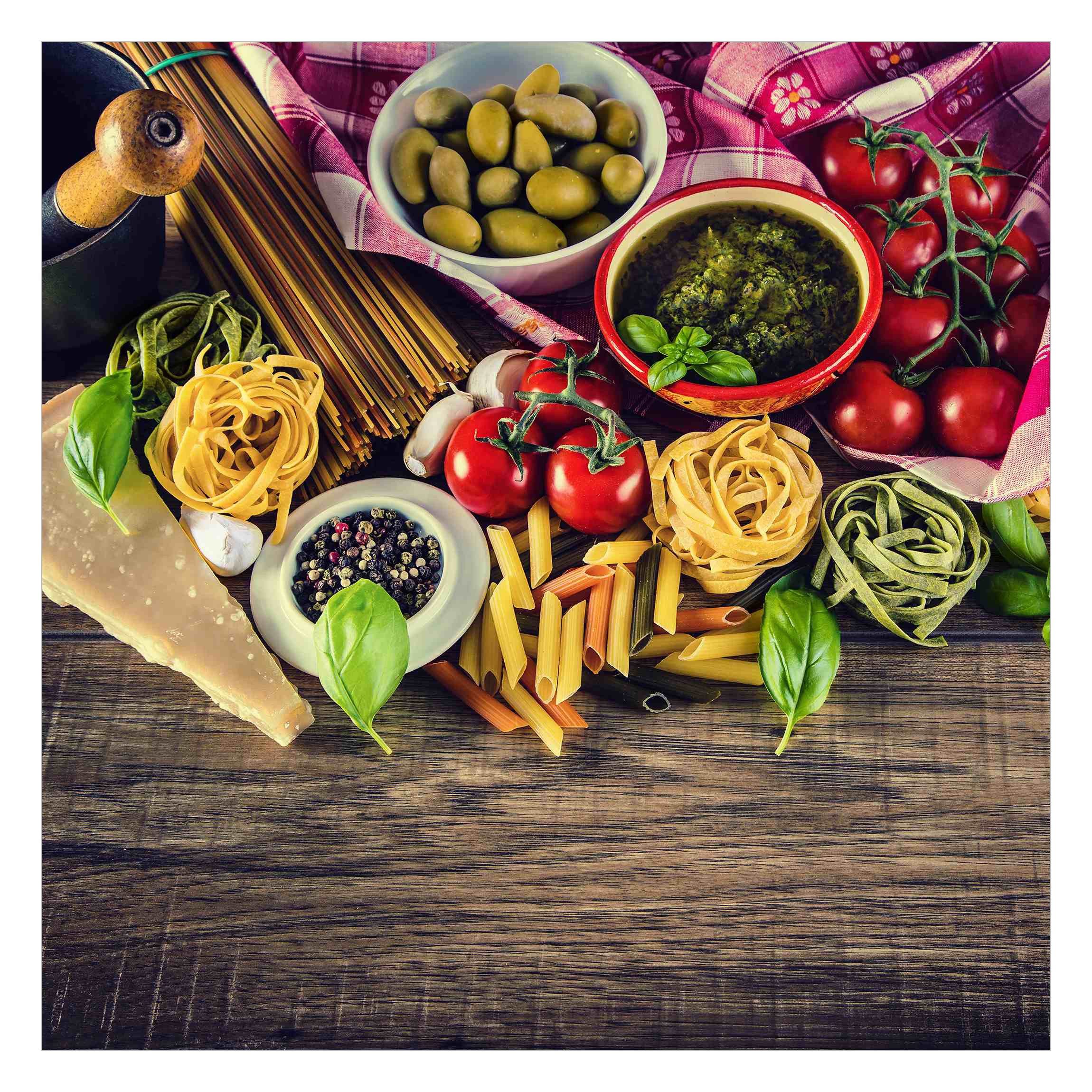 Bilderdepot24 Küchentapete Küche Pasta Mediterran Nudeln Tomaten Oliven Pes günstig online kaufen