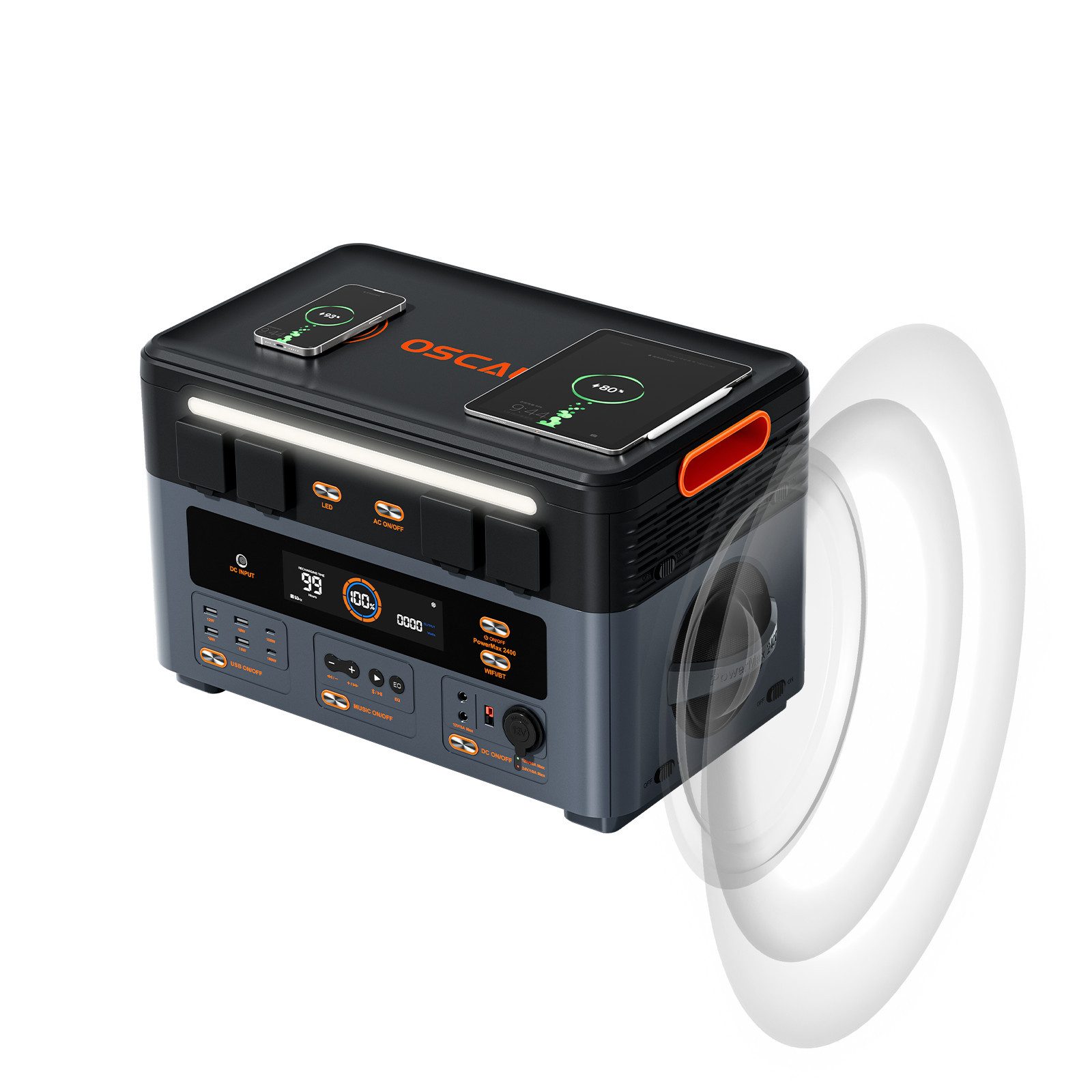 OSCAL Stromerzeuger Mikro-Wechselrichter PowerMax 2400Pro Powerstation 2016Wh, 2,4 in kW, Trennbar/mit Stereo/Strom ins Netz rückspeisen/16 Anschlüsse
