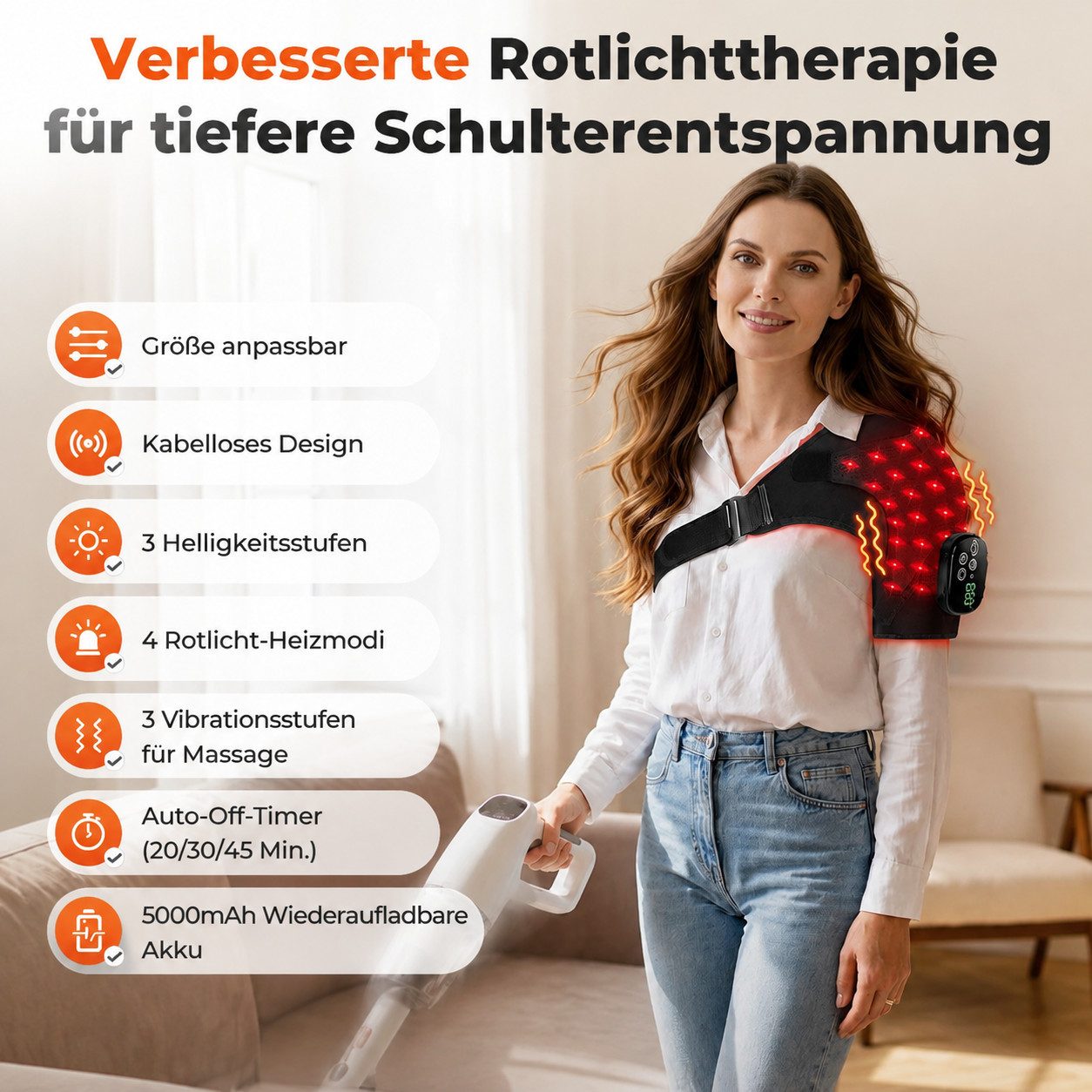 ibettertec Massagegerät Schulter Massagegerät mit Rotlicht und Vibrationsmassage, Kabellose Rotlicht Schulterbandage mit 660nm & 850nm LED-Licht, 5000mAh Akku,  – Bild 3 von 5