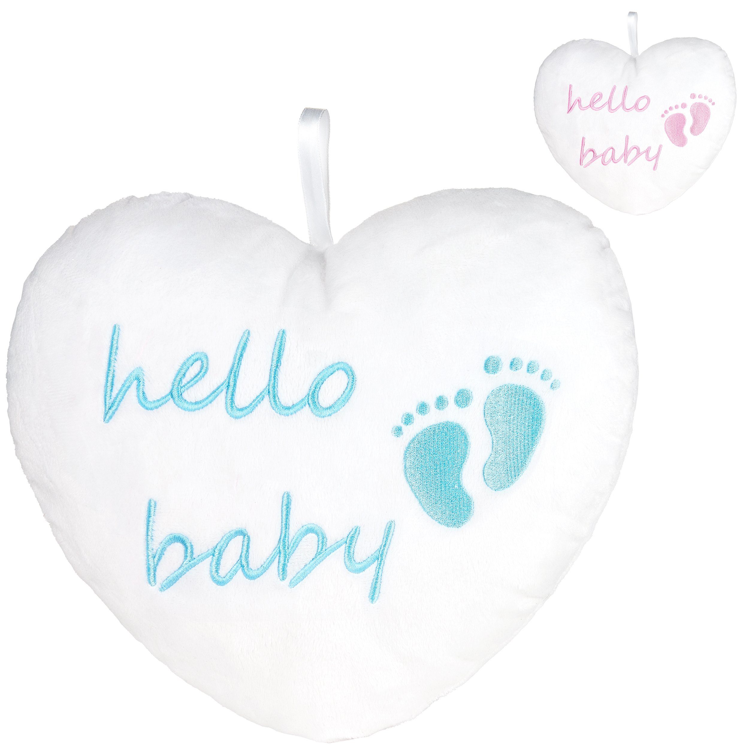 BRUBAKER Dekokissen Plüschherz Hello Baby 25 cm - Babyparty Geschenk zur Geburt, Zierkissen Herz aus Plüsch - Babyzimmer Deko - Kissen