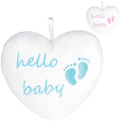 BRUBAKER Dekokissen Plüschherz Hello Baby 25 cm - Babyparty Geschenk zur Geburt, Zierkissen Herz aus Plüsch - Babyzimmer Deko - Kissen