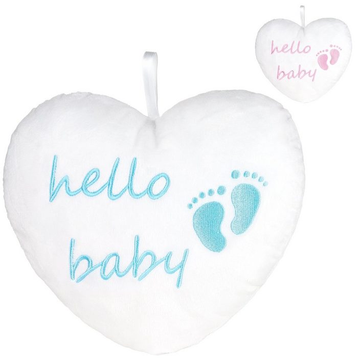 BRUBAKER Dekokissen Plüschherz Hello Baby 25 cm - Babyparty Geschenk zur Geburt Zierkissen Herz aus Plüsch - Babyzimmer Deko - Kissen