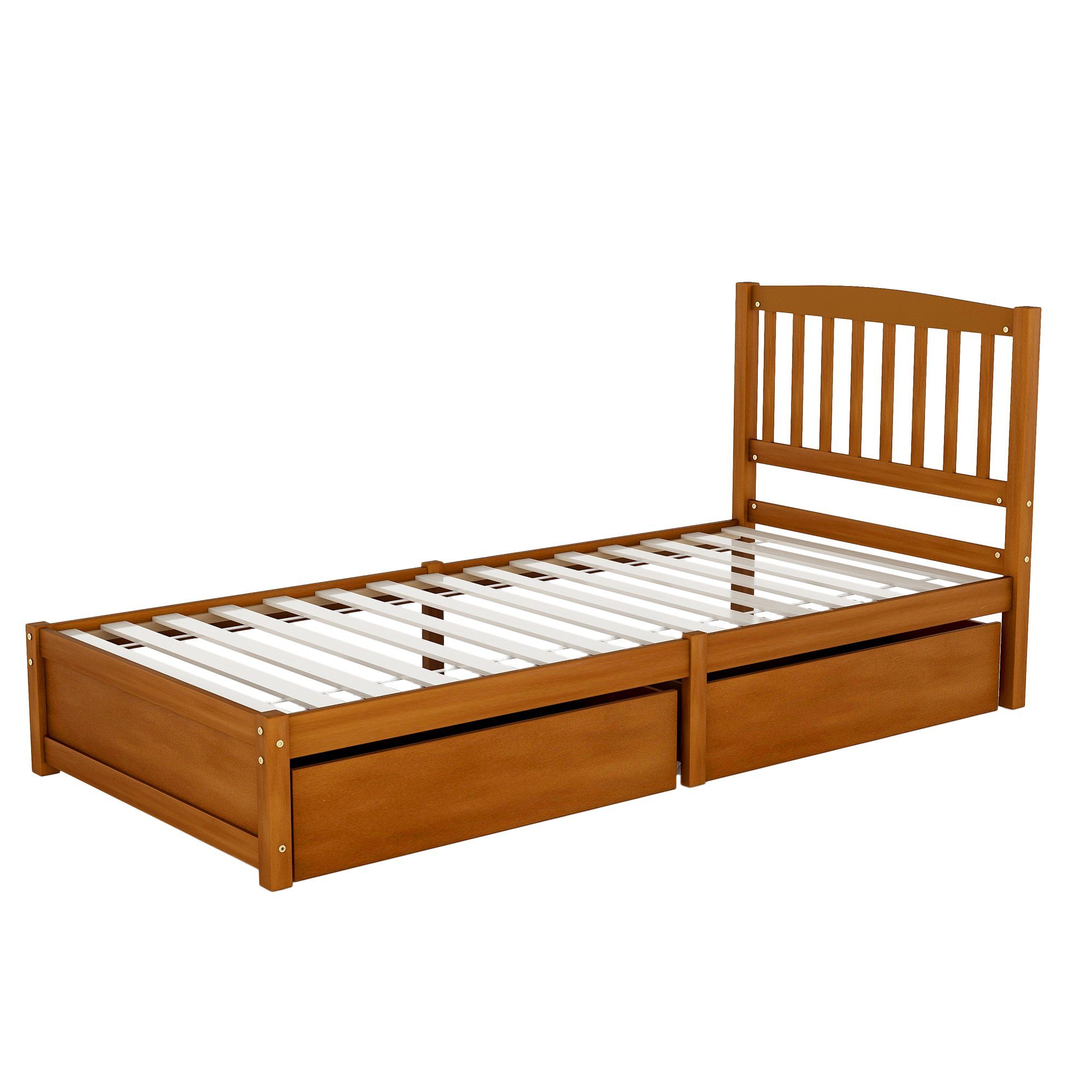 Massivholzbett (Einzelbett, mit 2 Schubladen, Lattenrost und Kopfteil), Kinderbett Jugendbett 90 x 200 cm, Kiefernholz