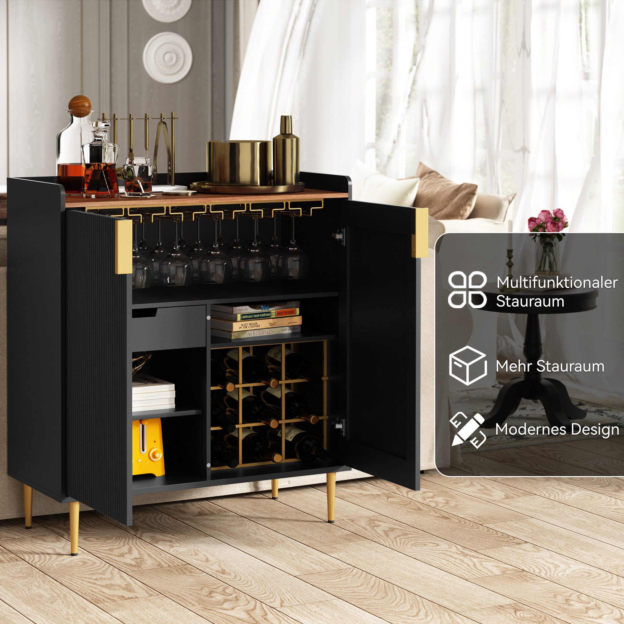 HOLTICO Weinschrank Multifunktionaler Bar-Schrank, moderner Kaffeetresen-Schrank (1-St) mit 9 Flaschenregalen, 6 Glas-Halterungen, Schublade & Regalen – Bild 5 von 5