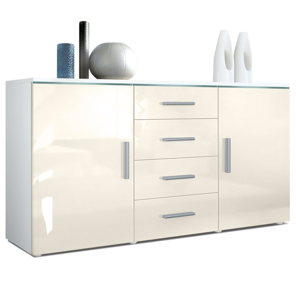 Vladon Sideboard Faro (Kommode, mit 2 Türen und 4 Schubladen), Weiß matt/Creme Hochglanz (139 x 72 x 35)