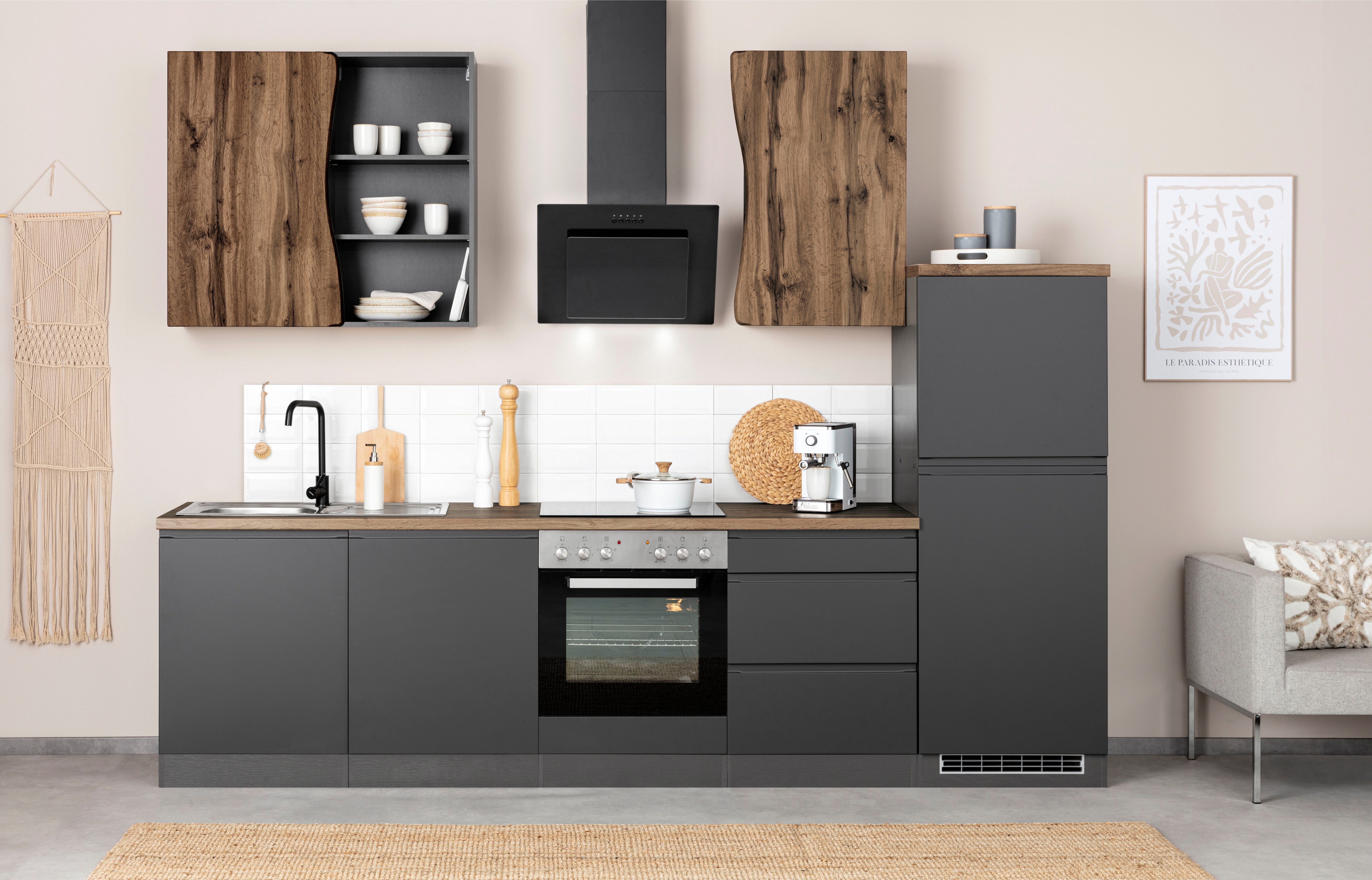 KOCHSTATION Küche KS-Bruneck, 300cm breit, wahlweise mit oder ohne E-Geräte, hochwertige MDF-Fronten
