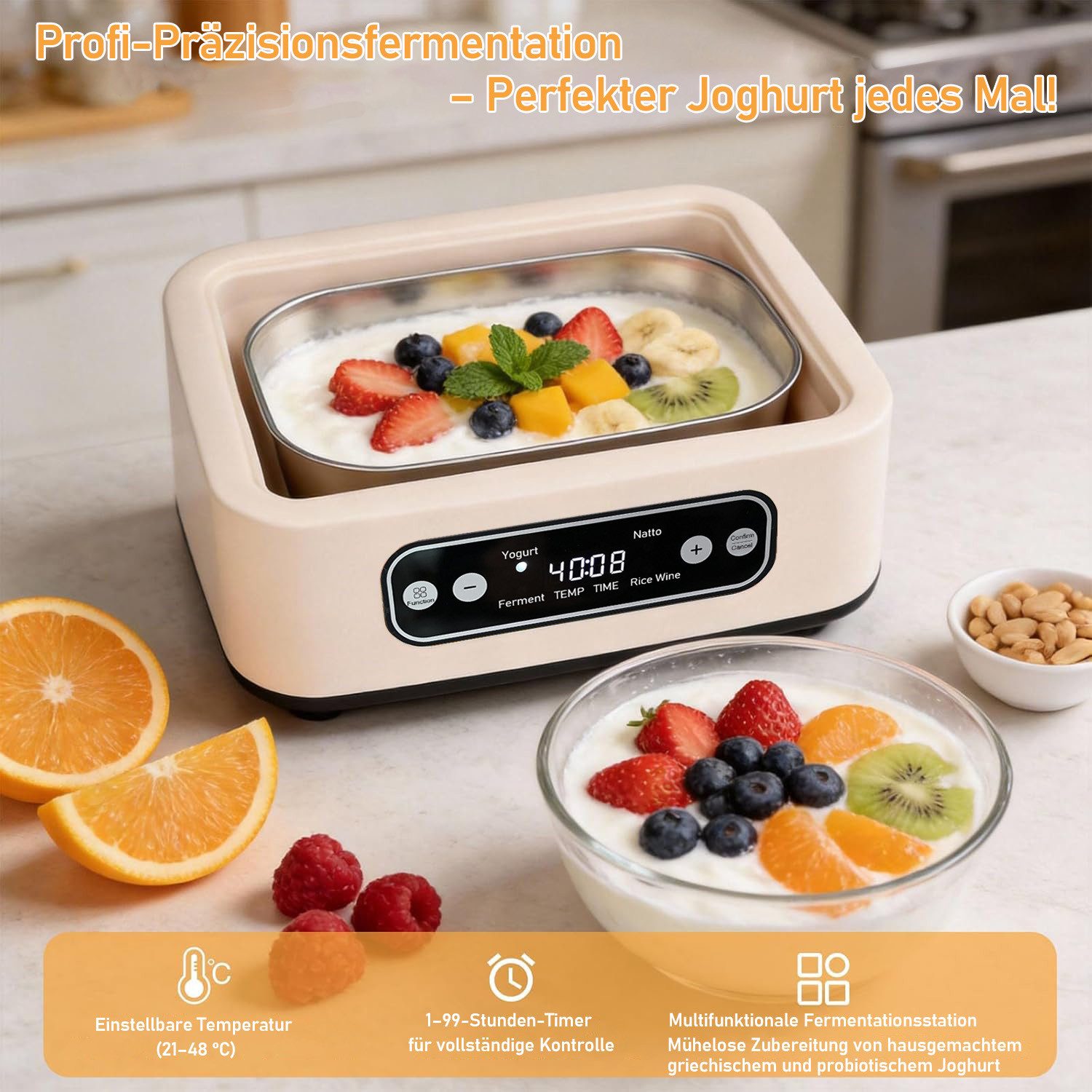 SWGOTA Joghurtbereiter Joghurtbereiter, 1,6 L SUS304-Innenbehälter, Temperatur & Timer, OLED, 9 Borosilikat-Gläser für Fermentation, Joghurt, Natto & Reiswein
