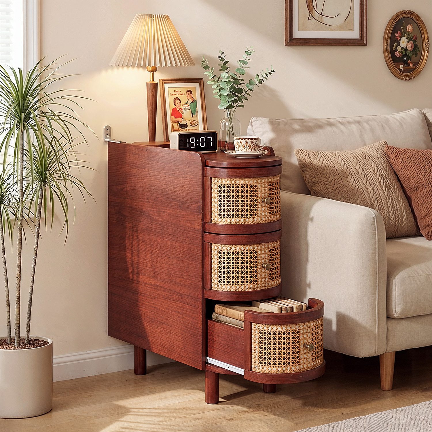 FUFU&GAGA Beistelltisch schmal 26cm Rattan, Telefontisch Retro mit 3 Schubladen