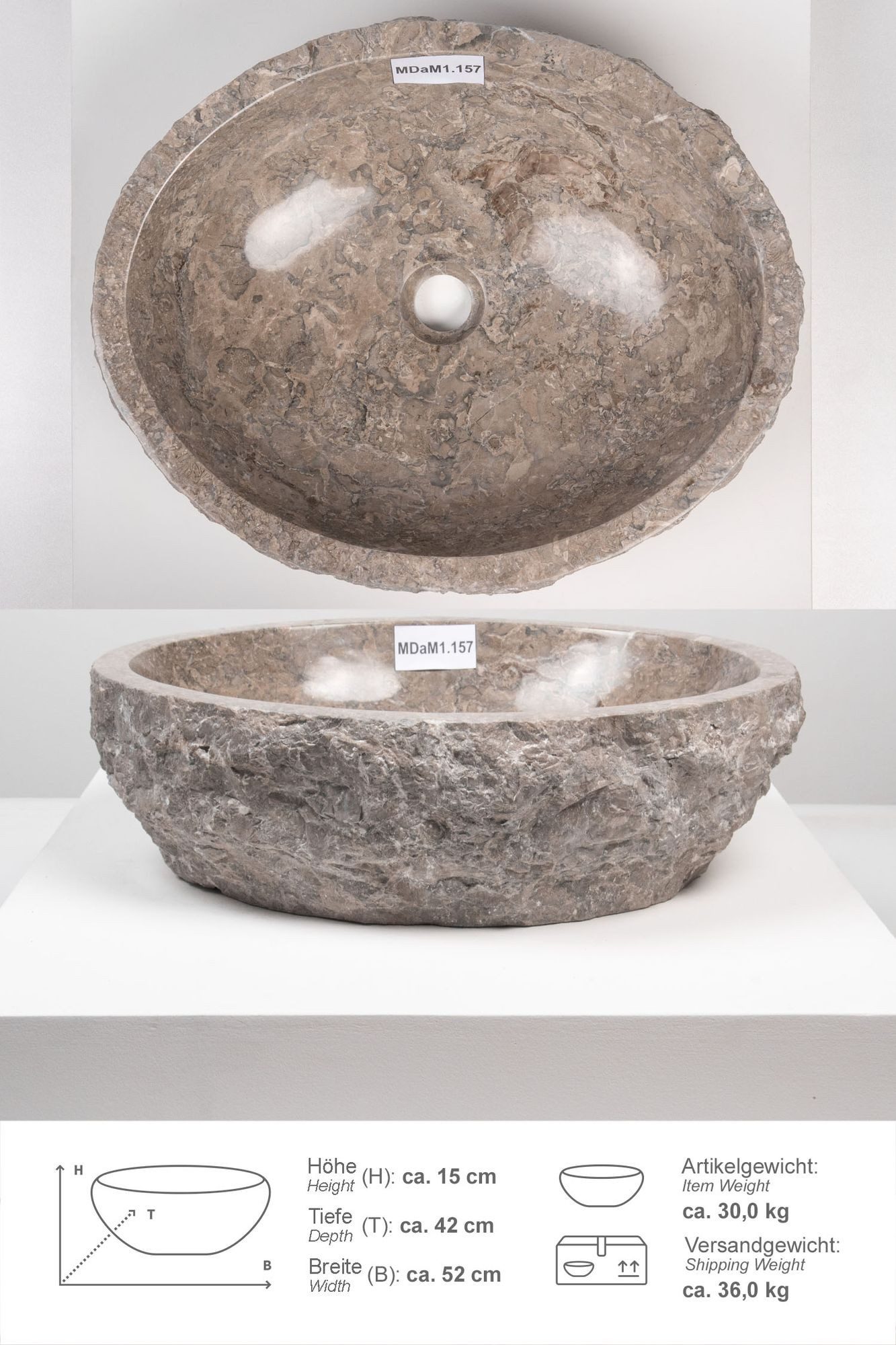 wohnfreuden Aufsatzwaschbecken Erosi Marmor Waschbecken 50 cm grau (Kein Set), 125872_MDaM1.157