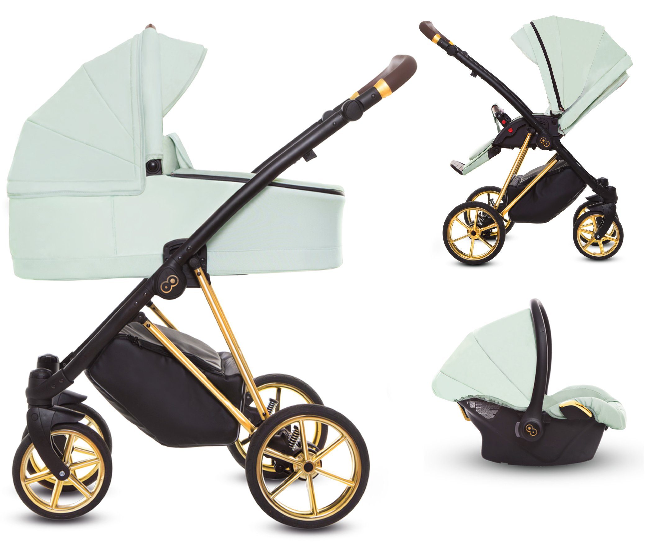 TPFLiving Kombi-Kinderwagen 3 in 1 Musse Ultra, Baby Buggy Babywanne Autositz, großes Zubehör-Set Kinderwagen 3 in 1 Stoff Mint, Gestell Gold