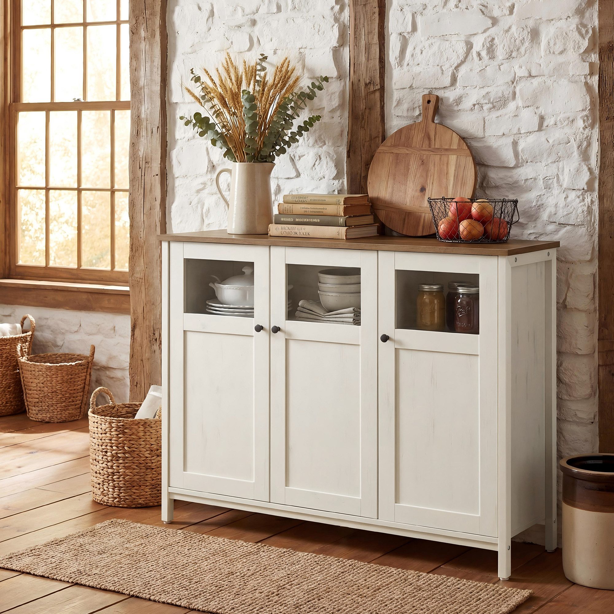 VASAGLE Sideboard Küchenschrank (Aufbewahrungsschrank, Stahlrahmen, Industrie, für Wohnzimmer, Küche, Esszimmer), 100 x 35 x 75 cm, verstellbaren Ablage, mit Glastüren