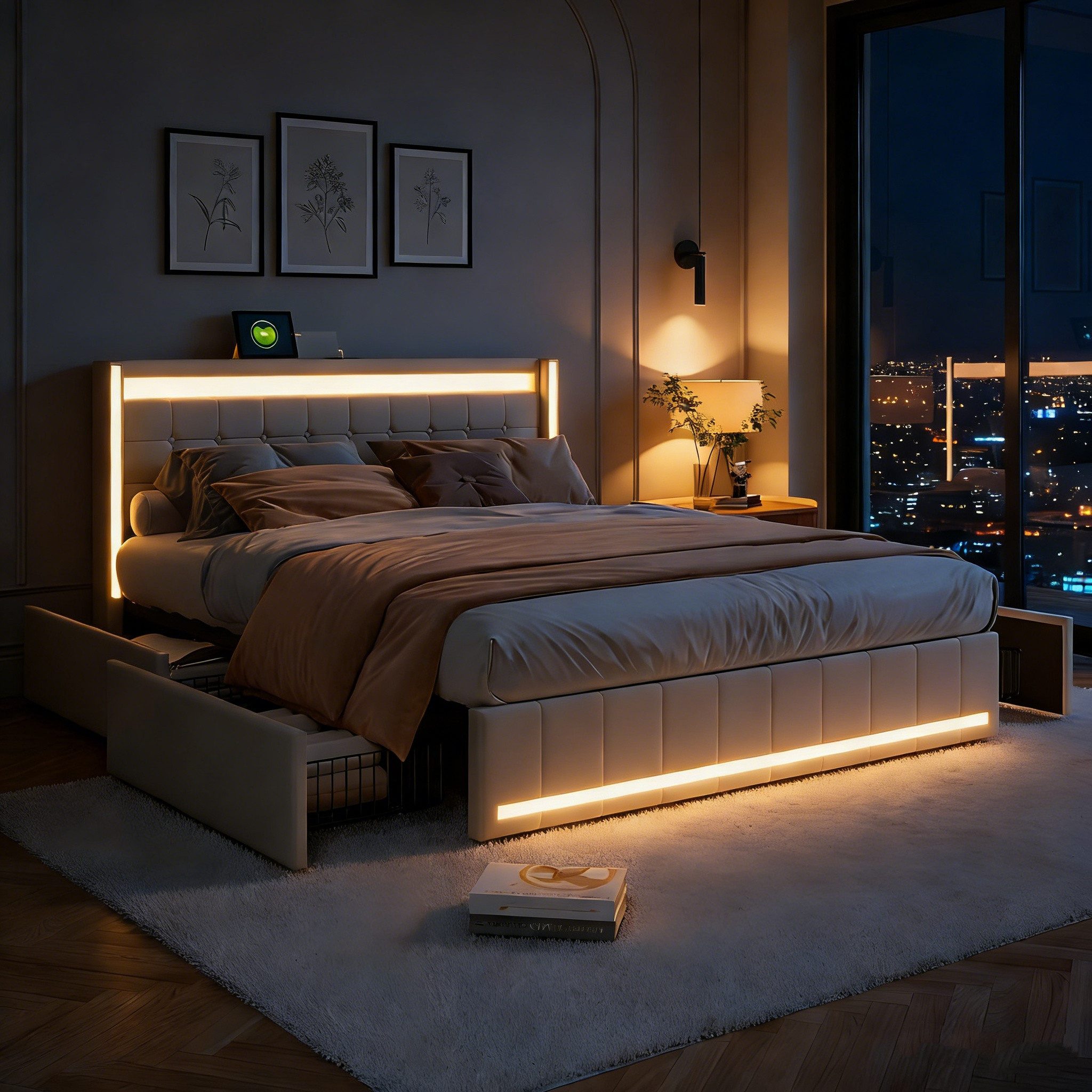 Gdood Polsterbett Stauraumbett Doppelbett LED (1-tlg., 4 Schubladen, USB + Type-C), Mit LED-Beleuchtung, Ladeanschluss, Leinen, 140x200 cm