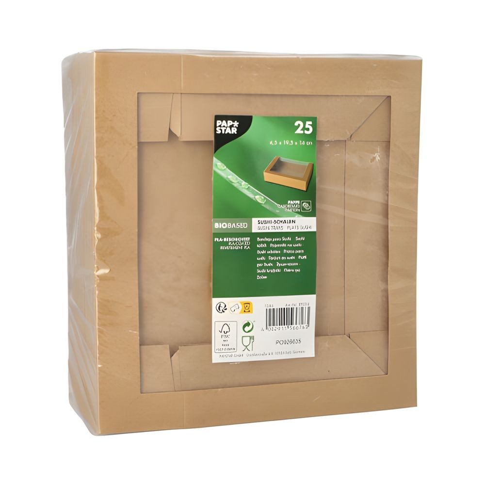 PAPSTAR Einwegschale Sushi-Schalen, Pappe eckig 4,5 cm x 19,5 cm x 14 cm braun 100 Stk, Pappe, PLA-beschichtet / PLA
