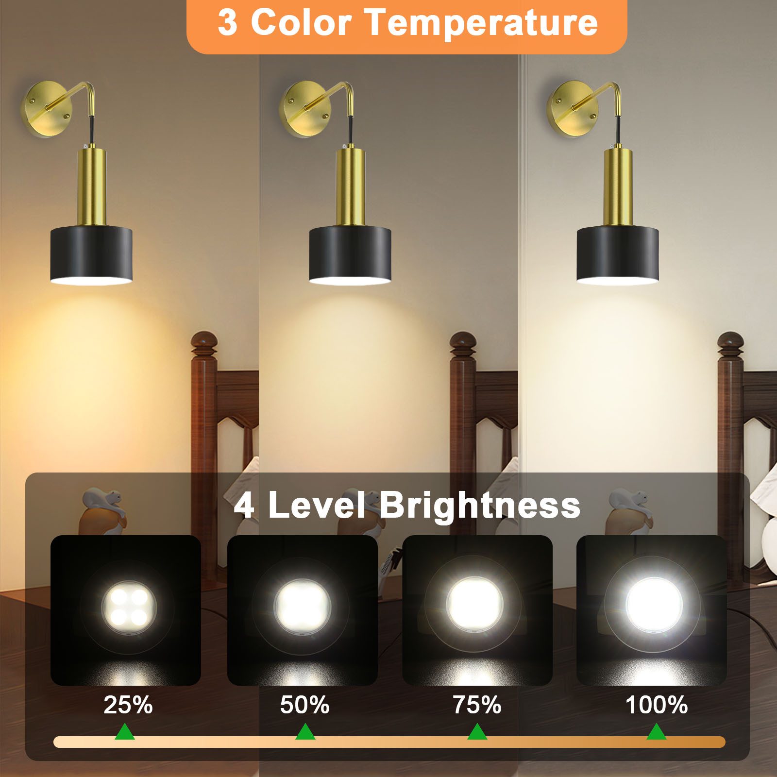 POPOLIC LED Wandleuchte NachttischLampe Wand-Leselampe, schwarz-goldene kabellose Wandleuchte, Wiederaufladbar, dimmbare Innenbeleuchtung, moderne LED-Wandleuchten für Schlafzimmer