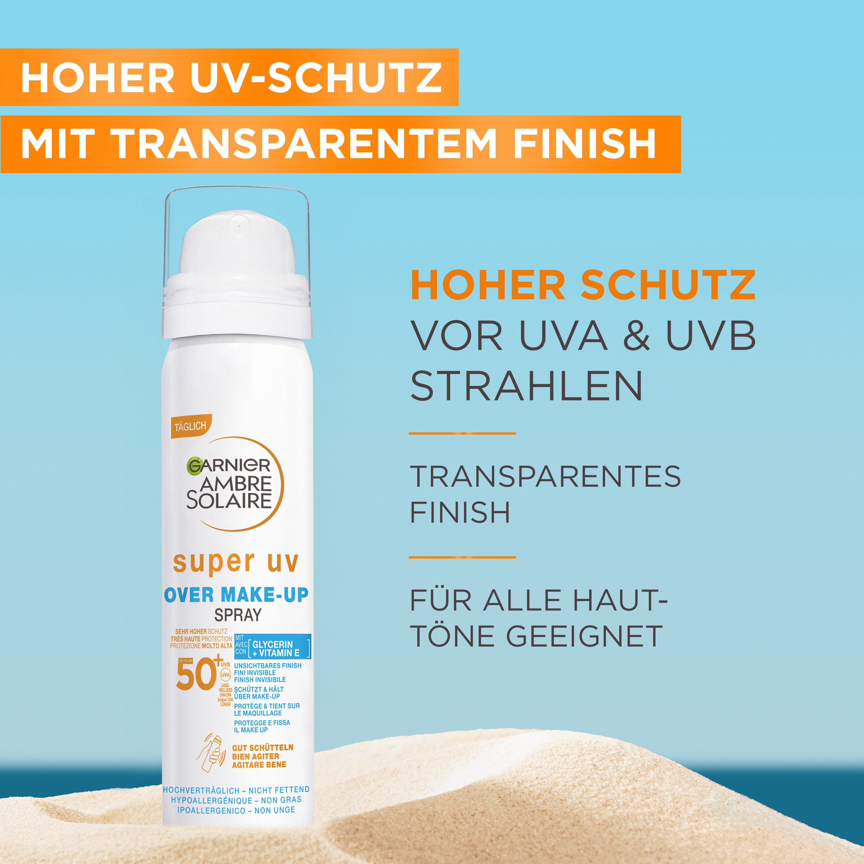 GARNIER Sonnenschutzspray AMBRE SOLAIRE SUPER UV OVER MAKE-UP SPRAY LSF 50, für eine Anwendung im Gesicht – auch über Make-up