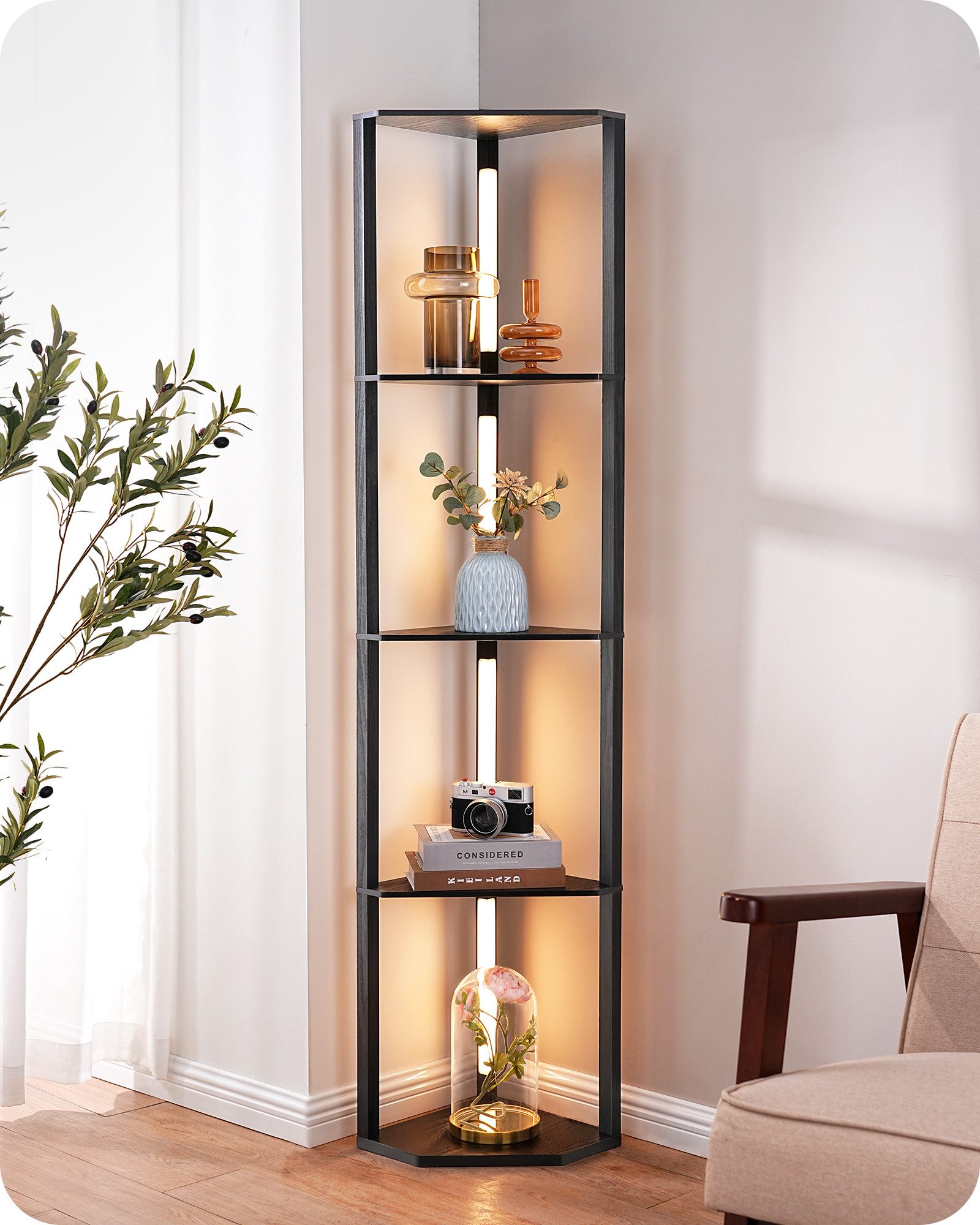 EDISHINE Stehlampe Wohnzimmer, Standleuchte mit 4 Holz-Regal, LED fest inte günstig online kaufen