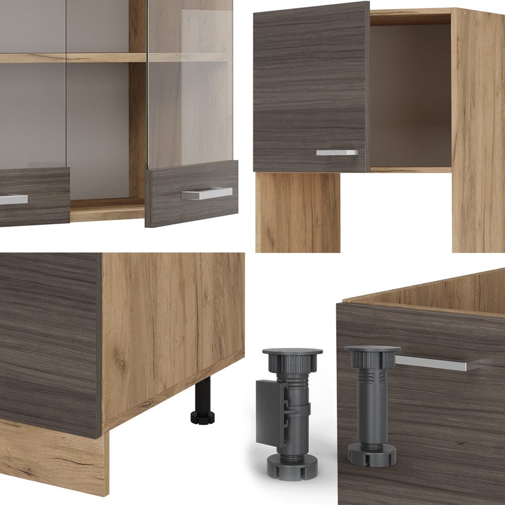 Vicco Winkelküche R-Line, Edelgrau/Goldkraft Eiche, 237 x 60 cm ohne Arbeitsplatte