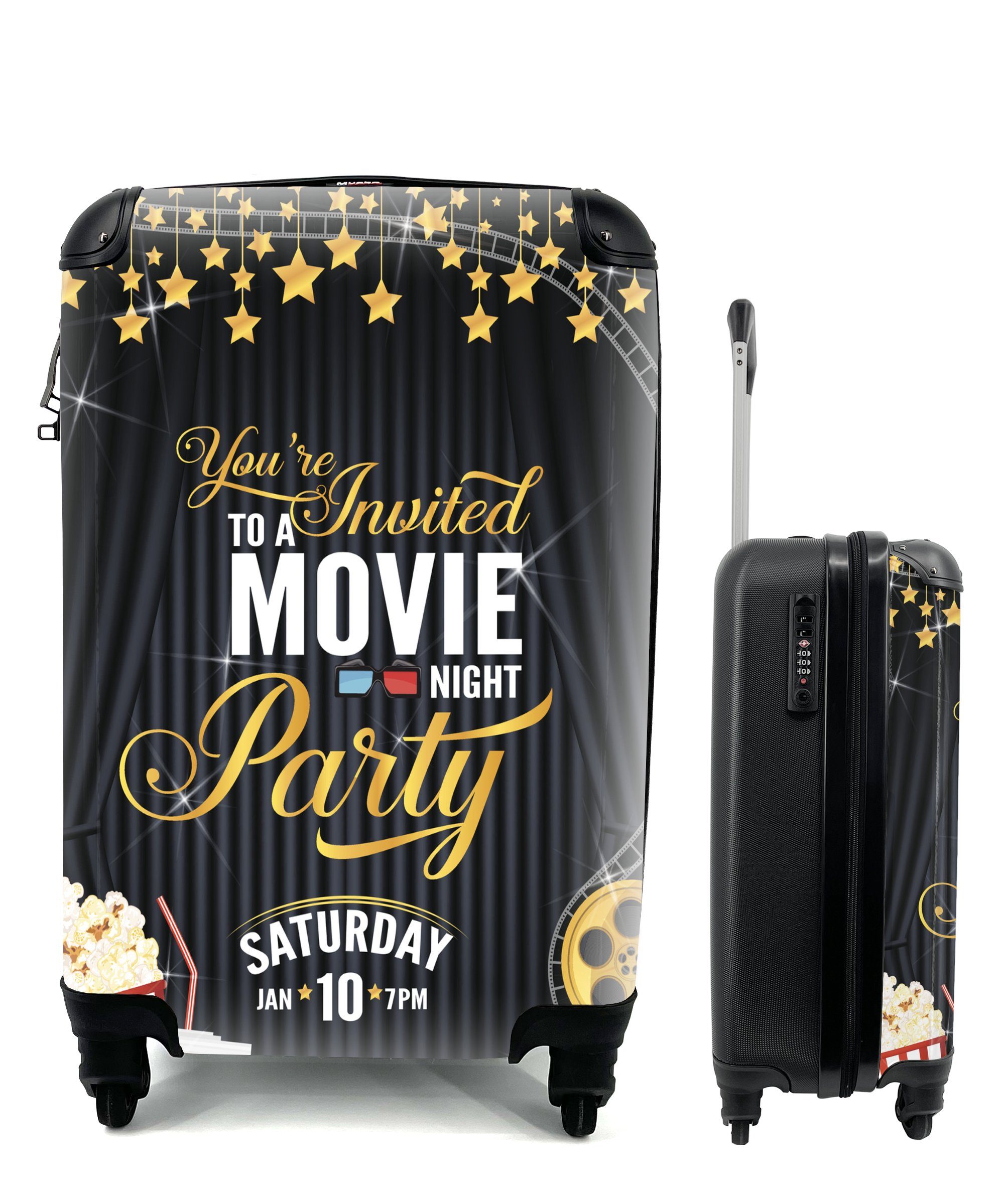 MuchoWow Handgepäckkoffer Eine Illustration einer Einladung zu einer Party in Hollywood, 4 Rollen, Reisetasche mit rollen, Handgepäck für Ferien, Trolley, Reisekoffer
