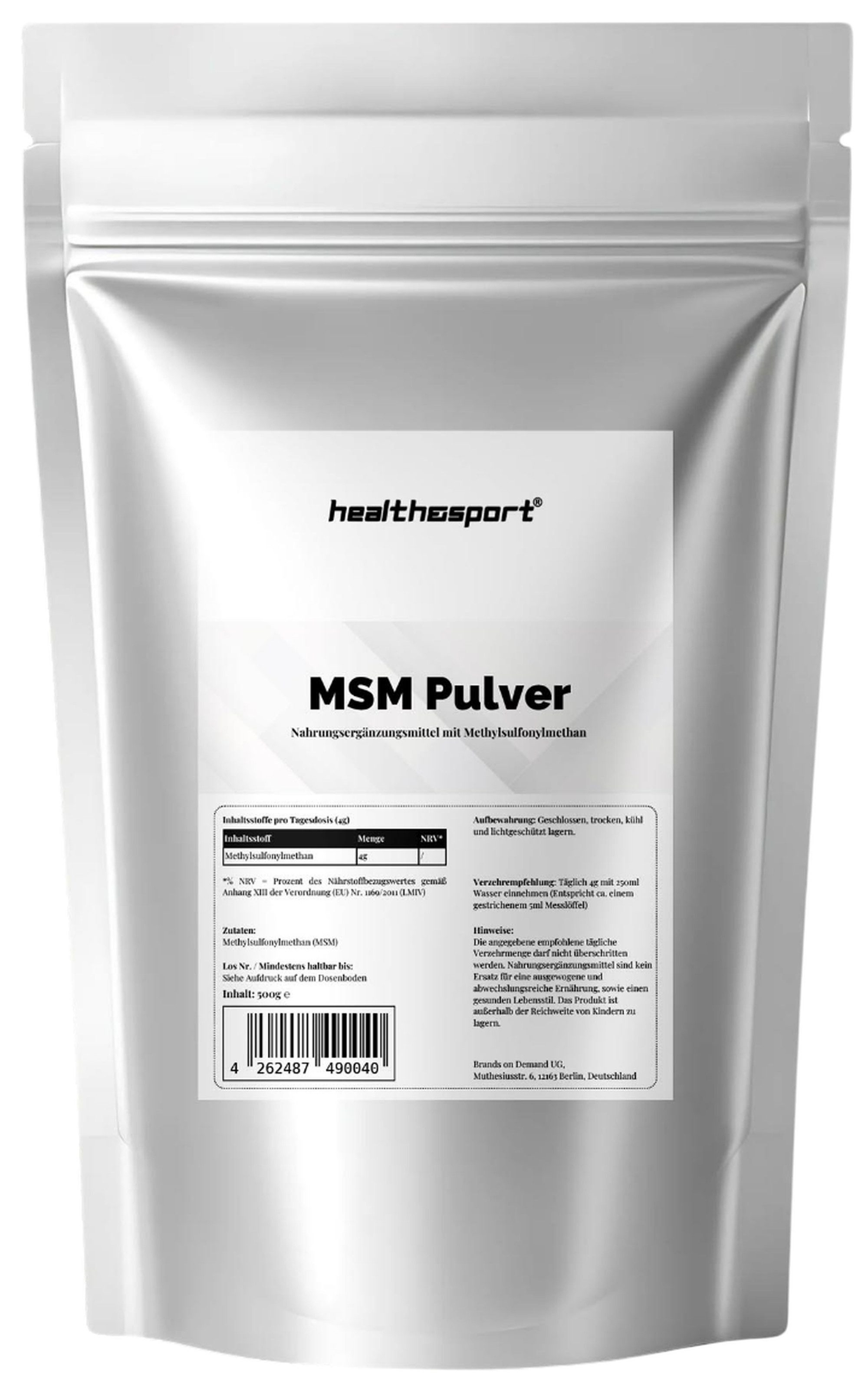 health&sport MSM – Für Gelenke, Bindegewebe, Haut, Knorpel & Haare Pulver, 500 g