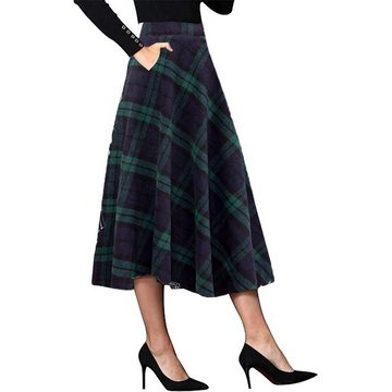 Gontence A-Linien-Rock Damen Lang Vintage Plaid Winterrock Warm Elastische Taille A Linie