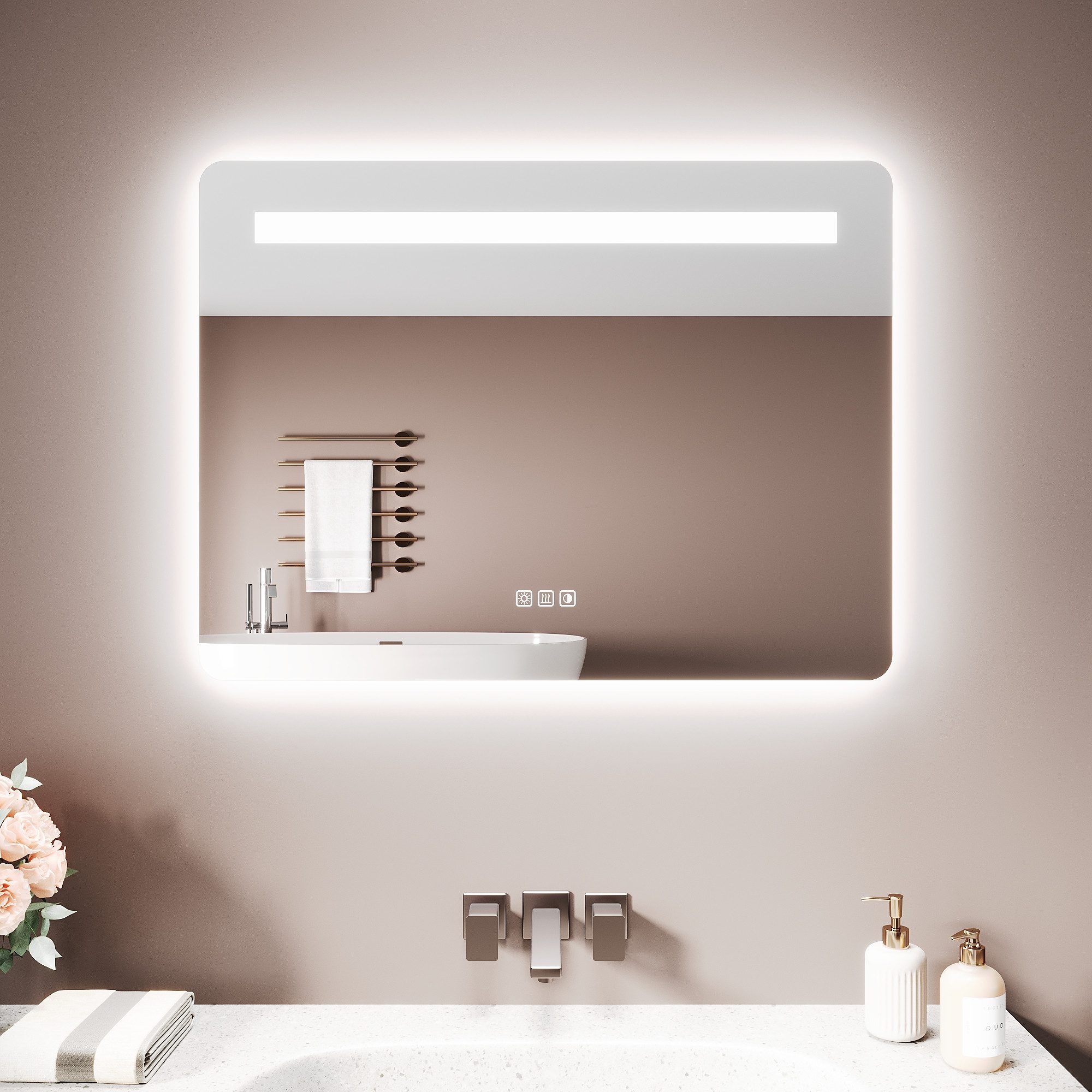 SONNI Badspiegel Badspiegel mit Beleuchtung LED Zwei-Lichtleisten-Beleuchtung, Drei Farbtemperaturen dimmbar, Antibeschlag, Ladesteckdose