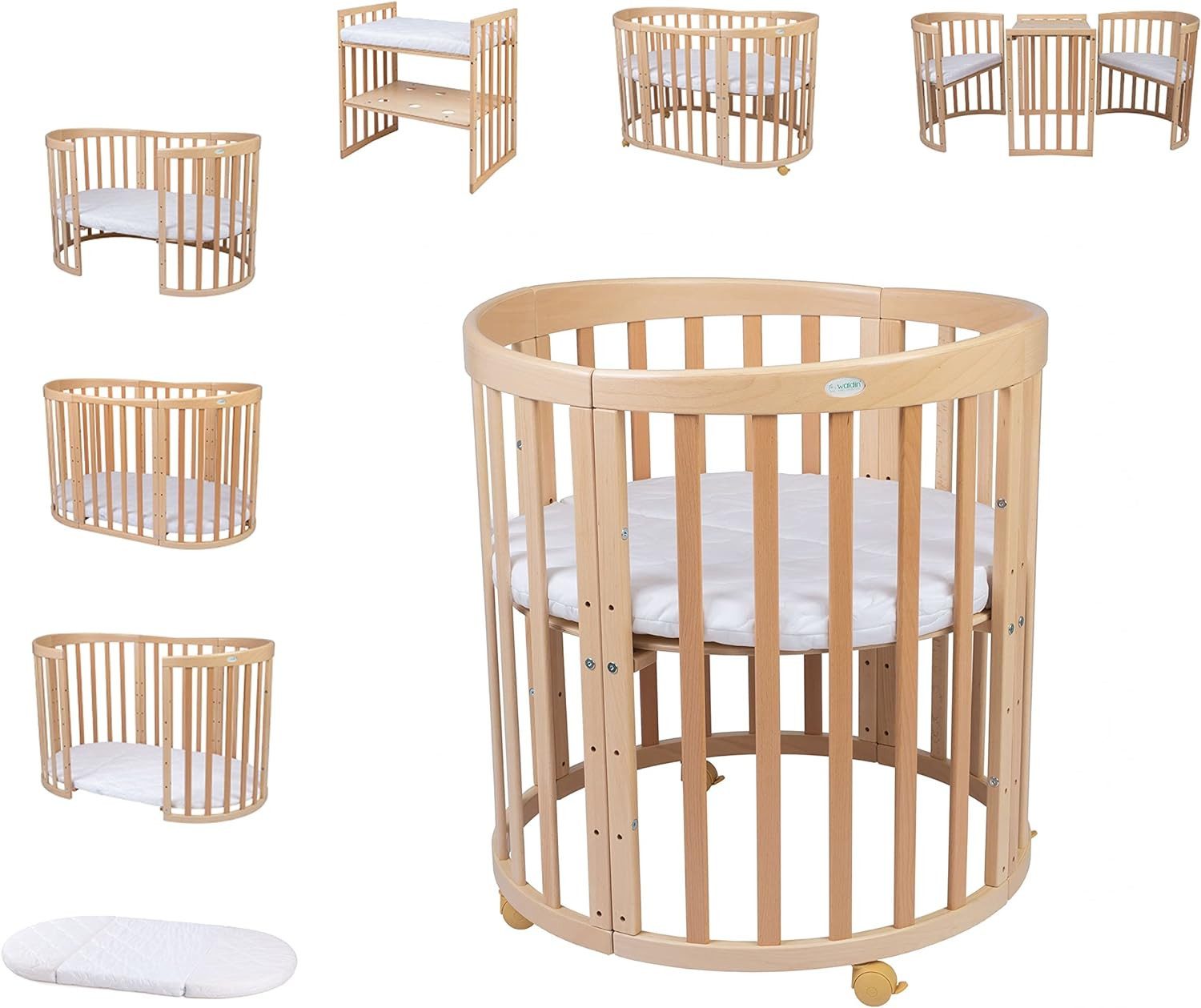 Waldin Babybett Mobiles Babybett OWAL aus Holz 7in1 mit Matratze, mitwachse günstig online kaufen