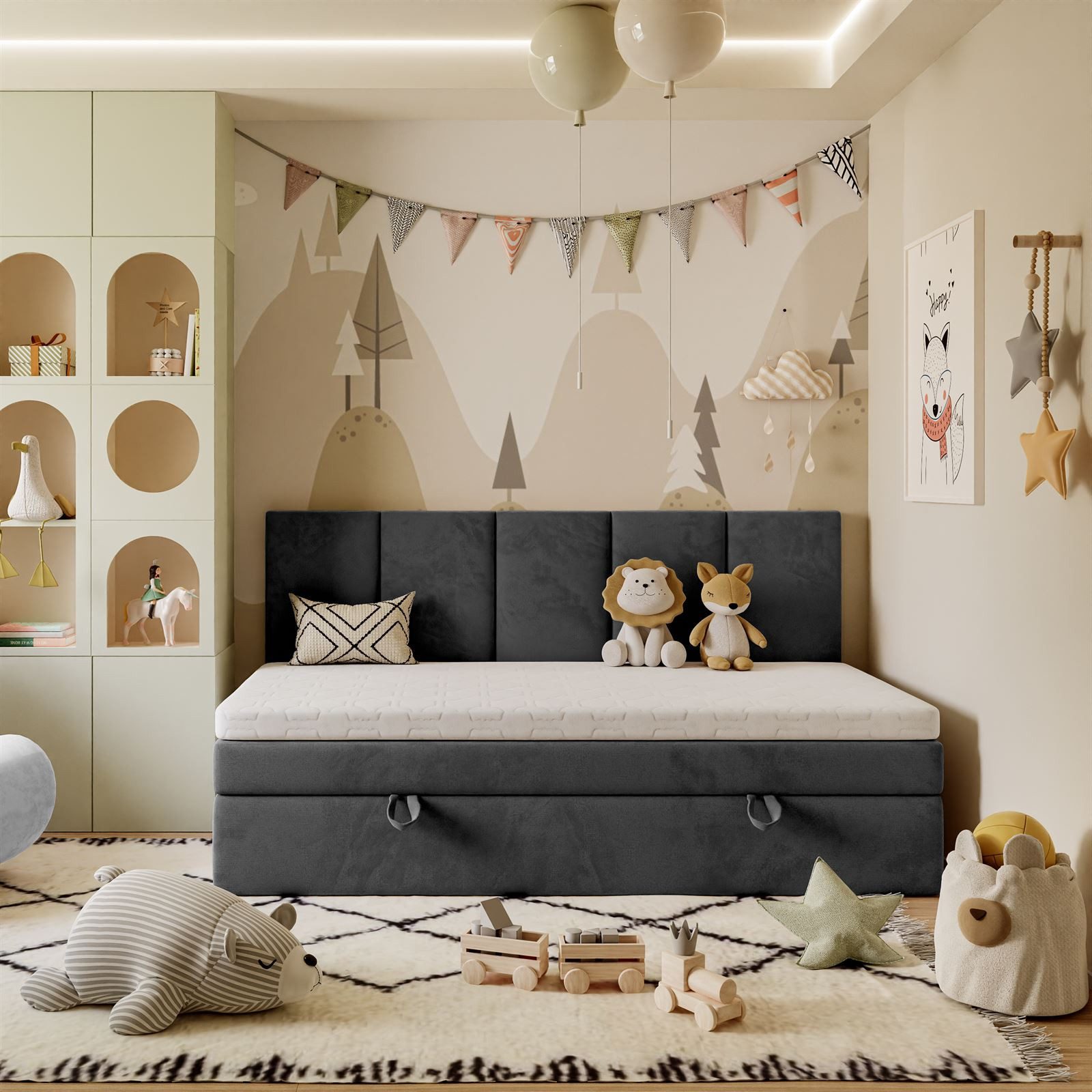 Lookway Boxspringbett Kontinental ELZA MINI mit Bettkasten und Topper, komfortabel gepolstertes, hohes Kopfteil