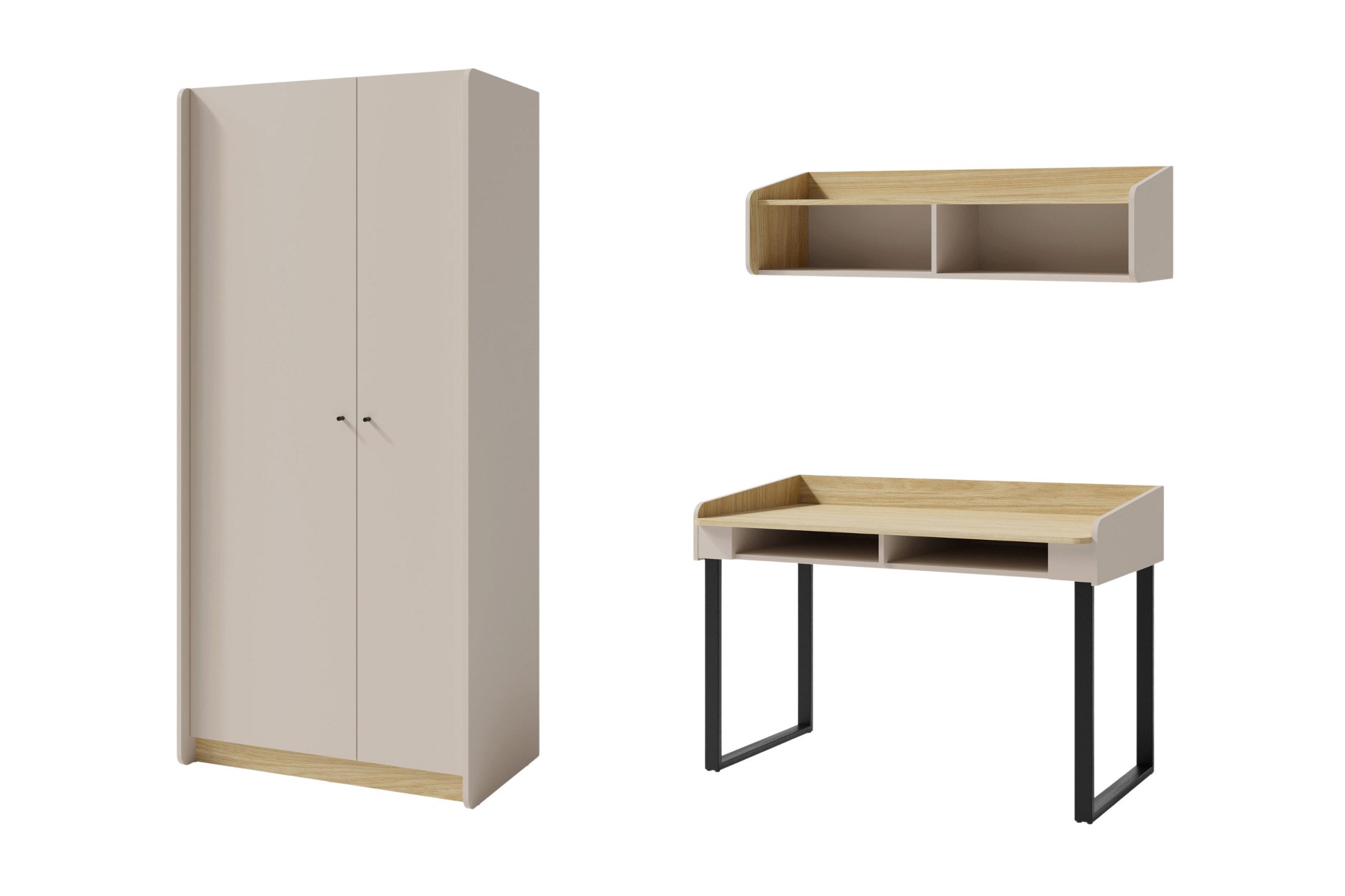 Deine Möbel 24 Jugendzimmer-Set ALBI A (3+11+10) Kinderzimmer-Set Kindermöbel, (Set, 3-tlg., Kleiderschrank, Schreibtisch, Hängeregal), ALBI Kollektion Sandbeige Eiche Eukalyptus