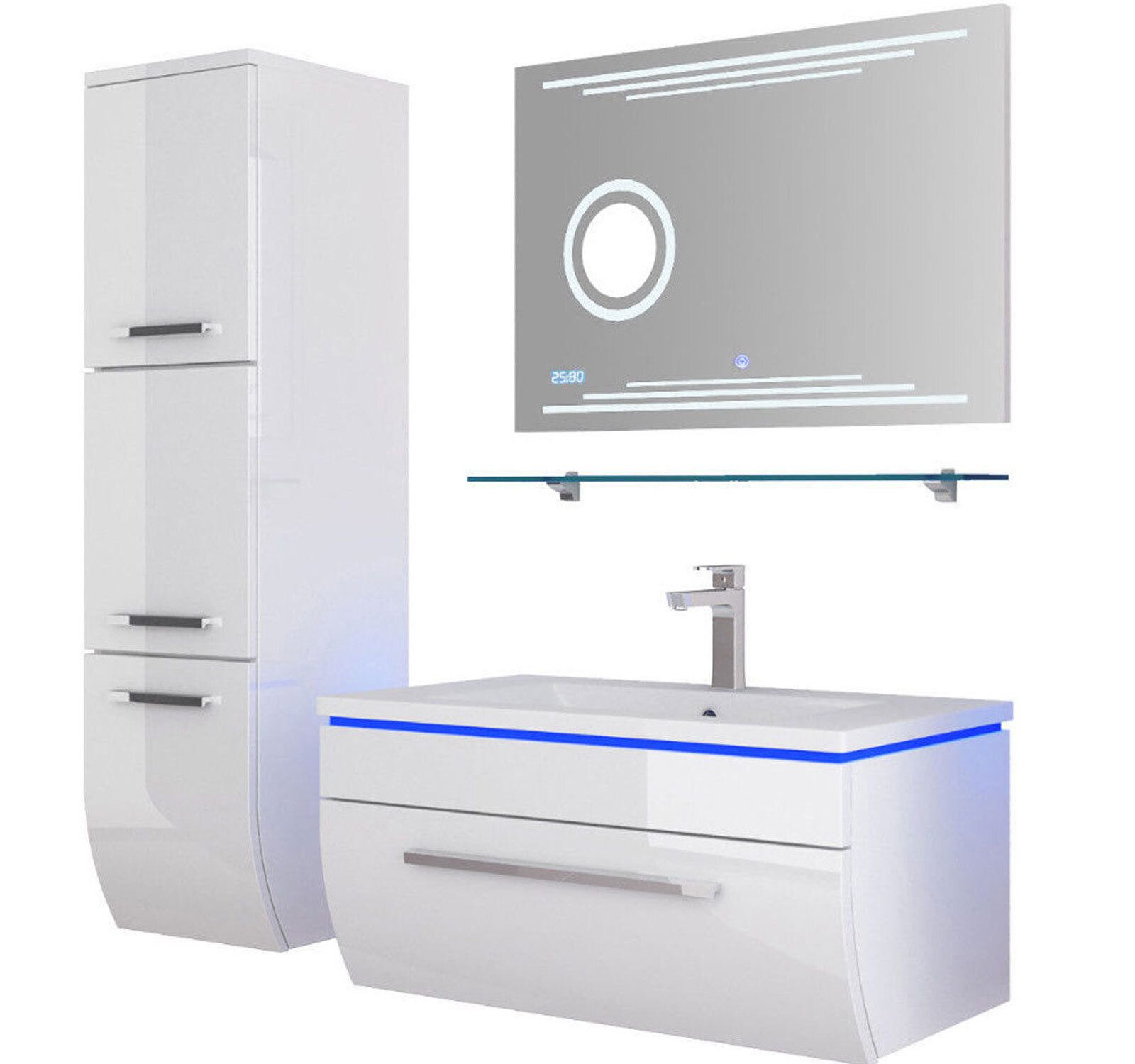 Badmöbel-Set Badmöbel Set Hochglanz 6 TLG 90 cm Weiß Led Touch Badezimmer Möbel
