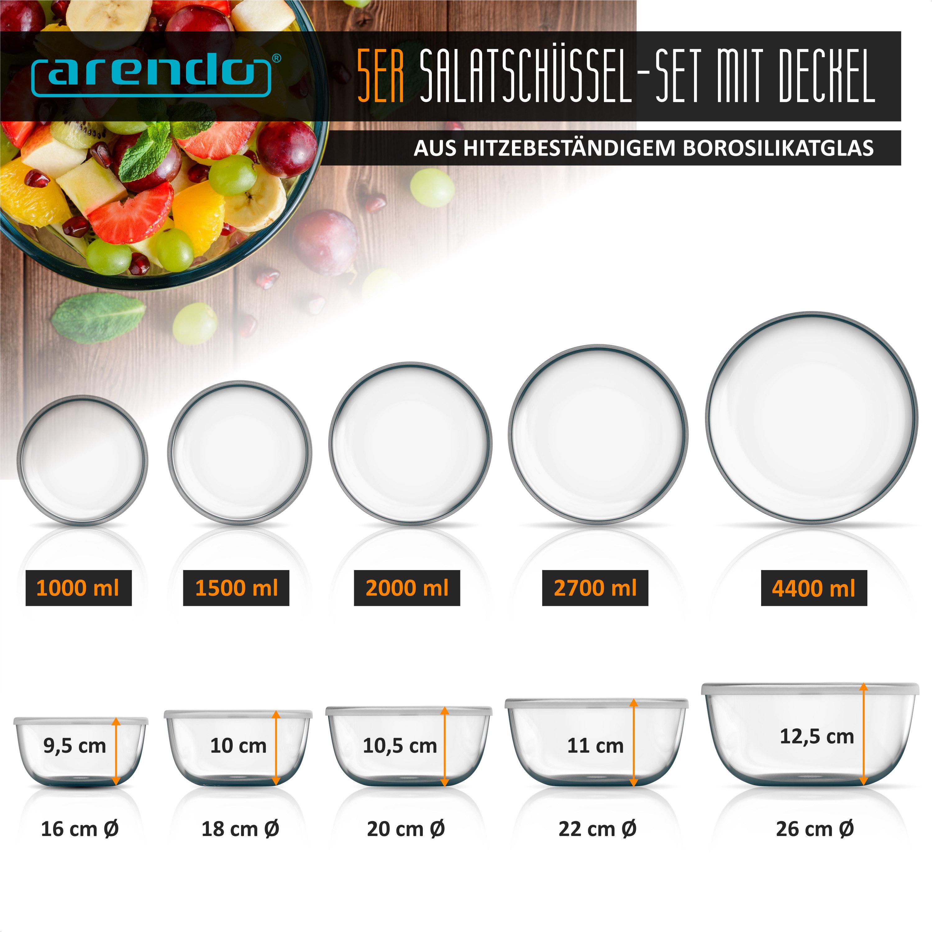 Arendo Salatschüssel 5x Glasschüsseln + Deckel 1L, 1,5L, 2L, 2,7L & 4,4L, Glas Rührschüssel, Glas, (5er Set, 5-tlg), Glasschale, BPA-frei, Spülmaschinen und Mikrowellen geeignet