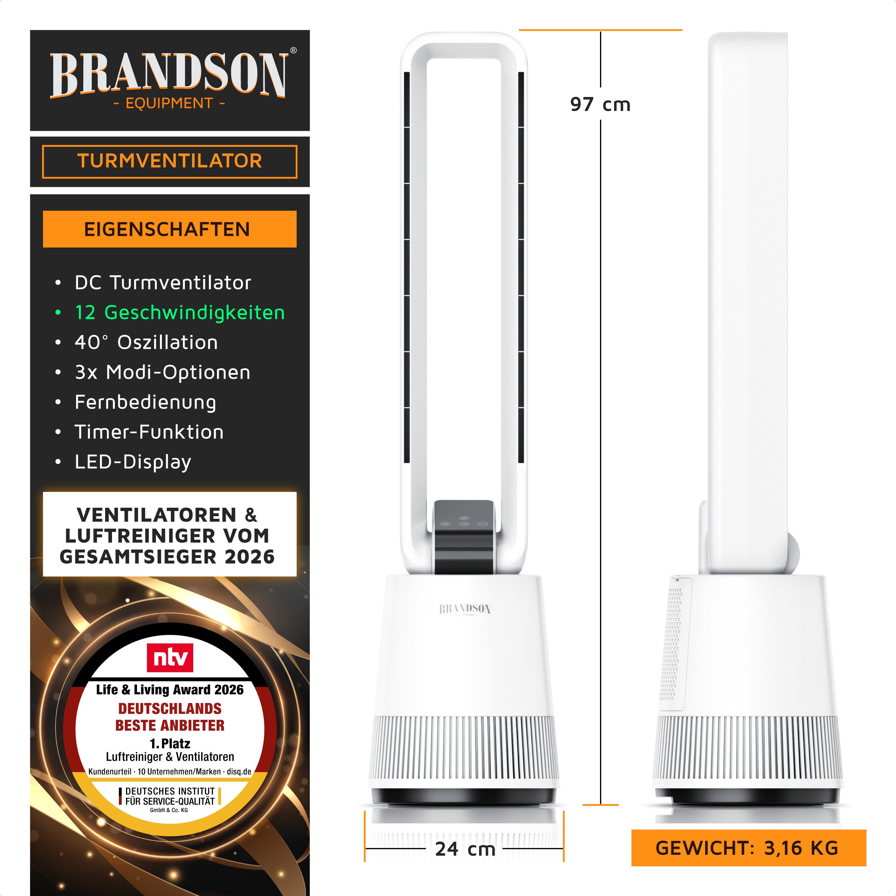 Brandson Turmventilator Oszillation 40°, DC-Motor, Fernbedienung, Timer, Säulenventilator 97cm, NTV Sieger 2026, 12 Stufen, 3 Modi, Touch-Bedienung, leise, rotorlos