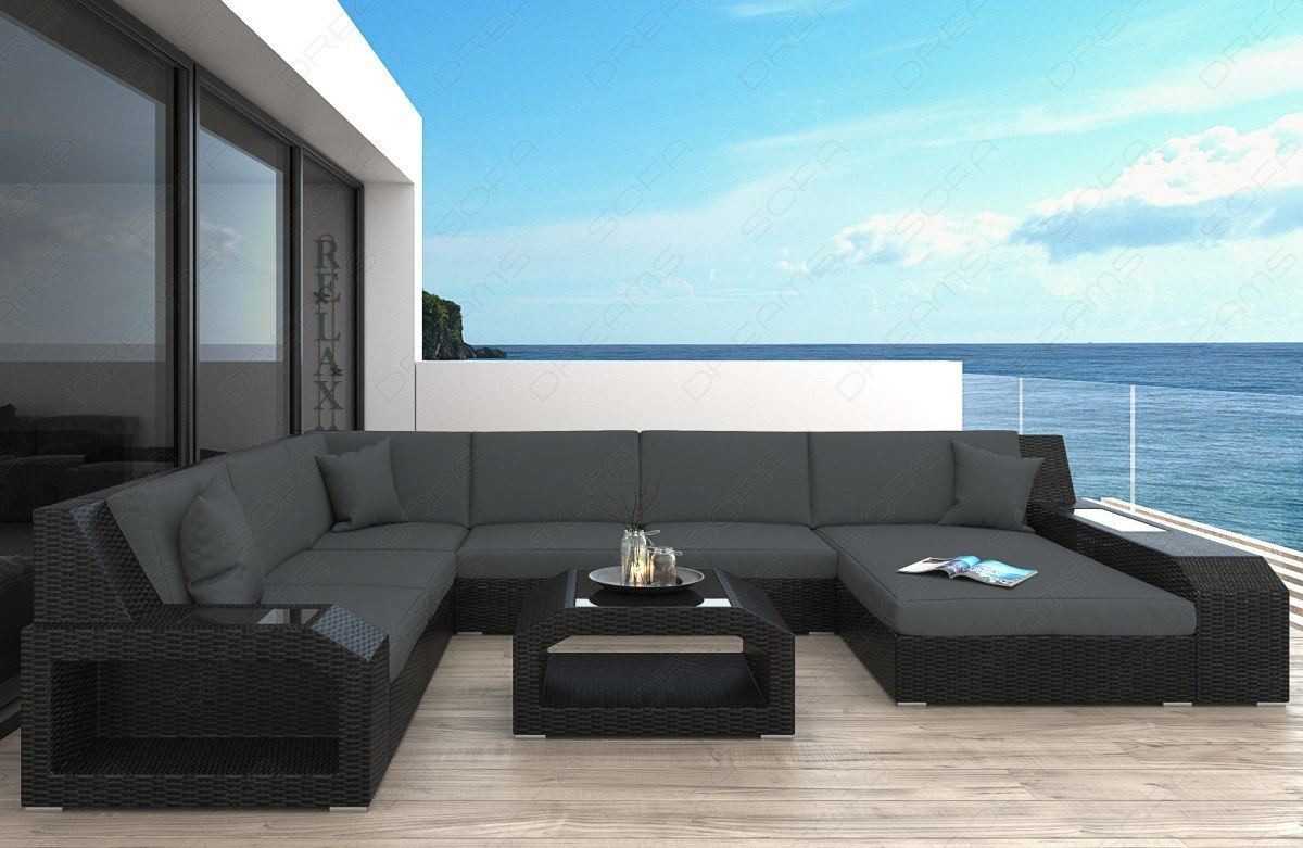 Sofa Dreams Gartenlounge-Set Rattan Couch Matera XXL Grau 6-Sitzer Ottomane LED, U Form Loungesofa