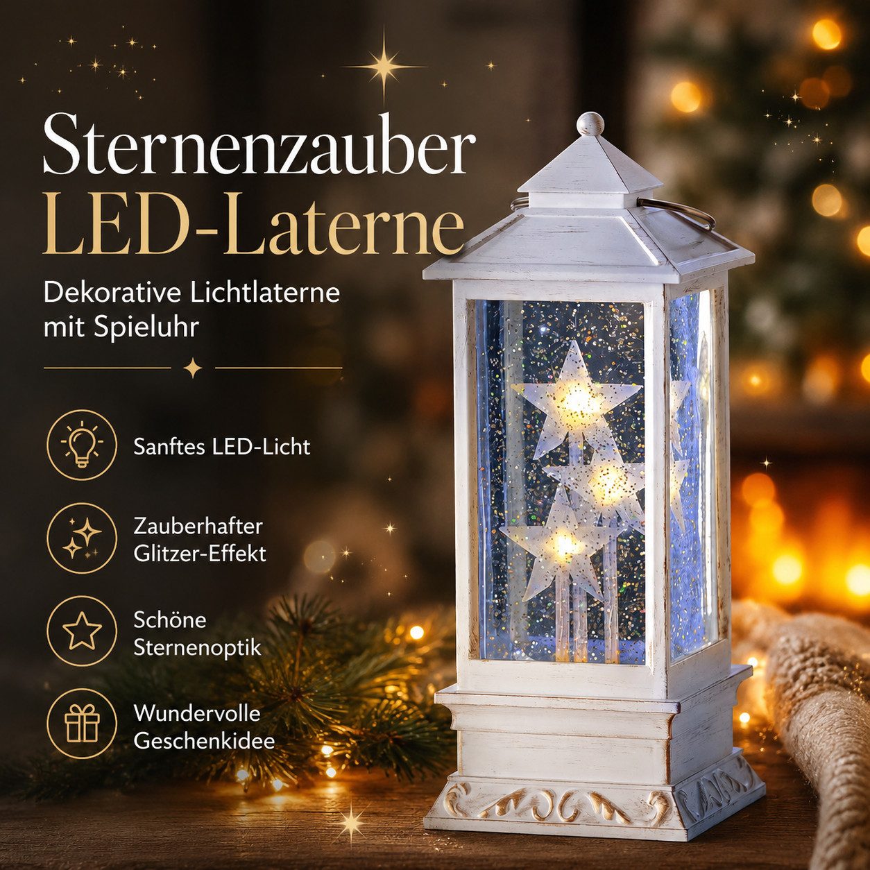 Weltbild LED-Dekofigur Westinghouse LED Laterne Sternenzauber mit Spieluhr Weihnachtsdeko, Dekolaterne Weihnachtslaterne Lichterlaterne Adventsdeko Winterdeko