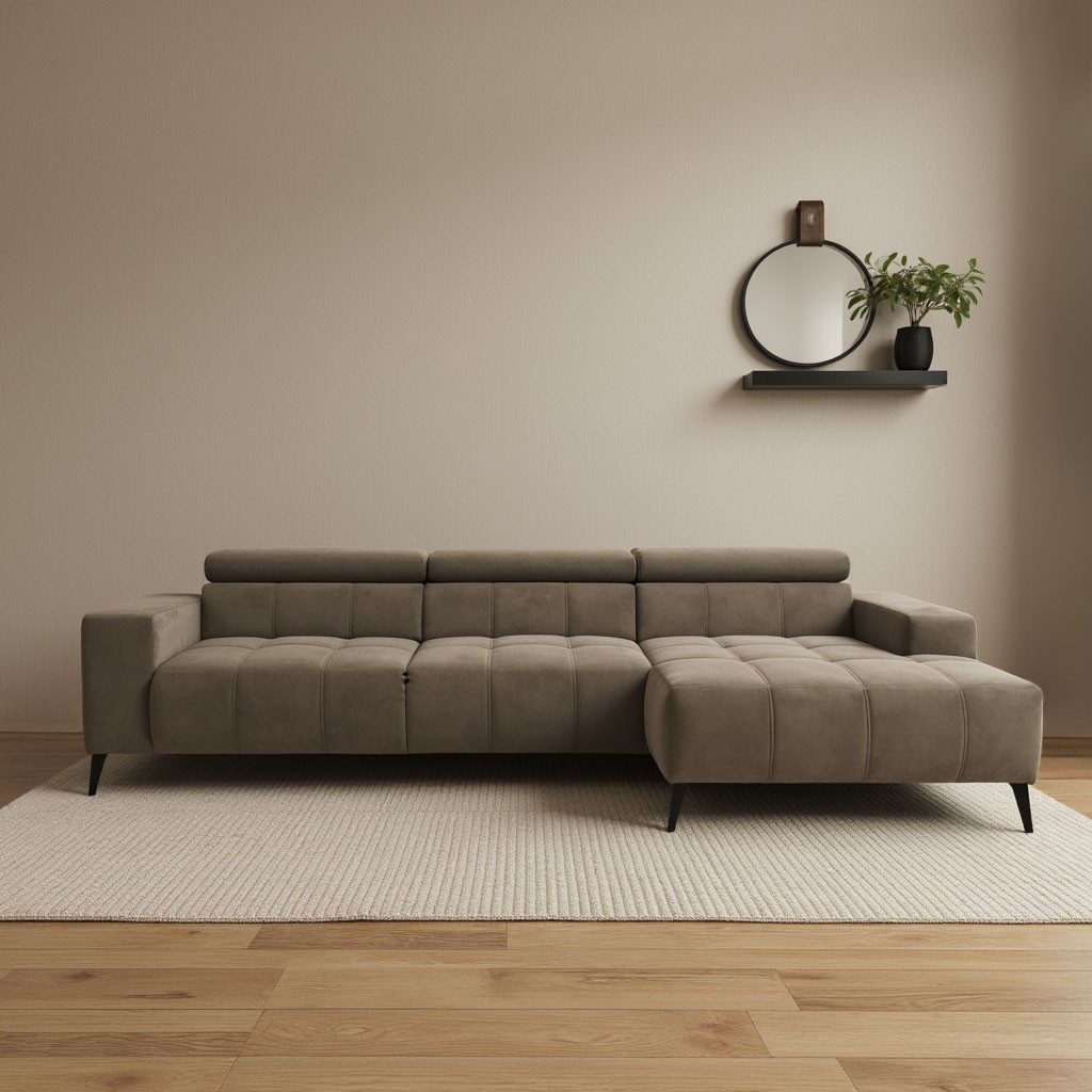 DOMO collection Ecksofa Trento L-Form, mit Kufenfuß oder Einzelfuß, whlw. verstellbare Kopfteile, passend für gängige Saugroboter