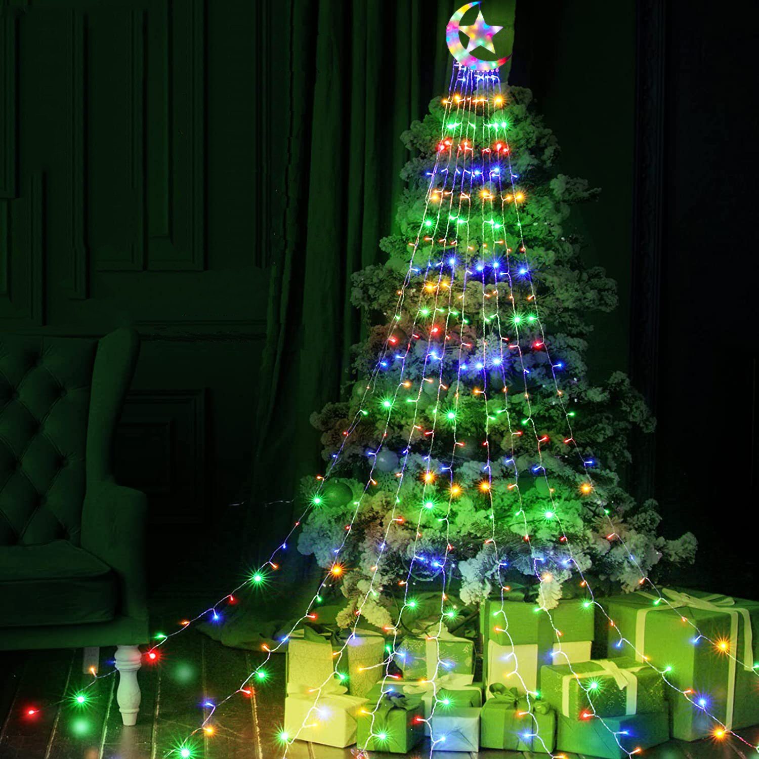 Timer Weihnachtsbaum Wasserfall Modi, 350-flammig, LED-Lichterkette 8 Sunicol Lichterkette, Star, Mehrfarbig LED Topper