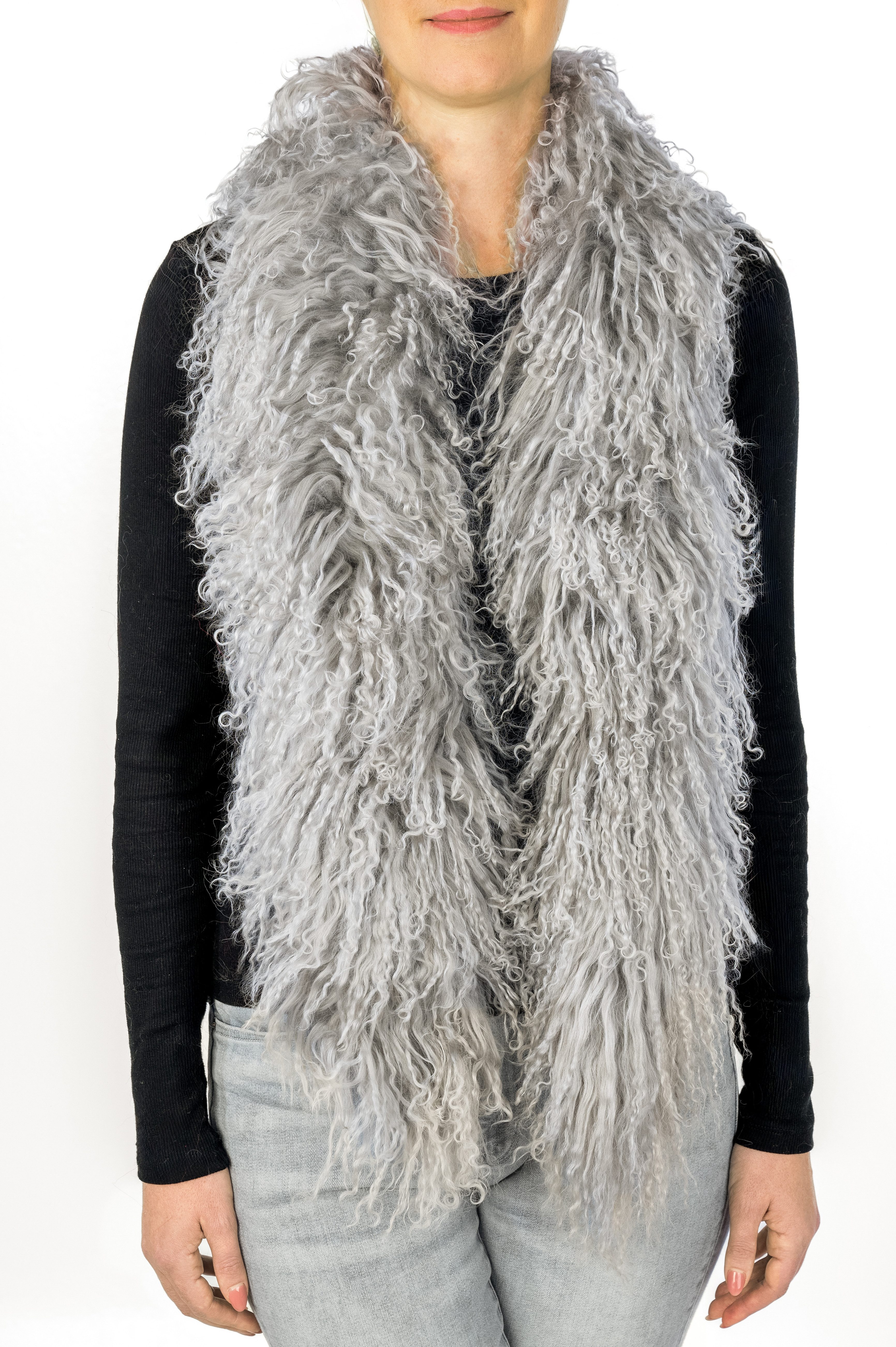 LIRA Deko Wollschal 100 % Lammfell Damen BOA Tibetlamm Schal mongolischer Schal Pelzschal, Design BOA Damenschal, feingelockt, 100 % Tibetlamm, Länge 140 cm