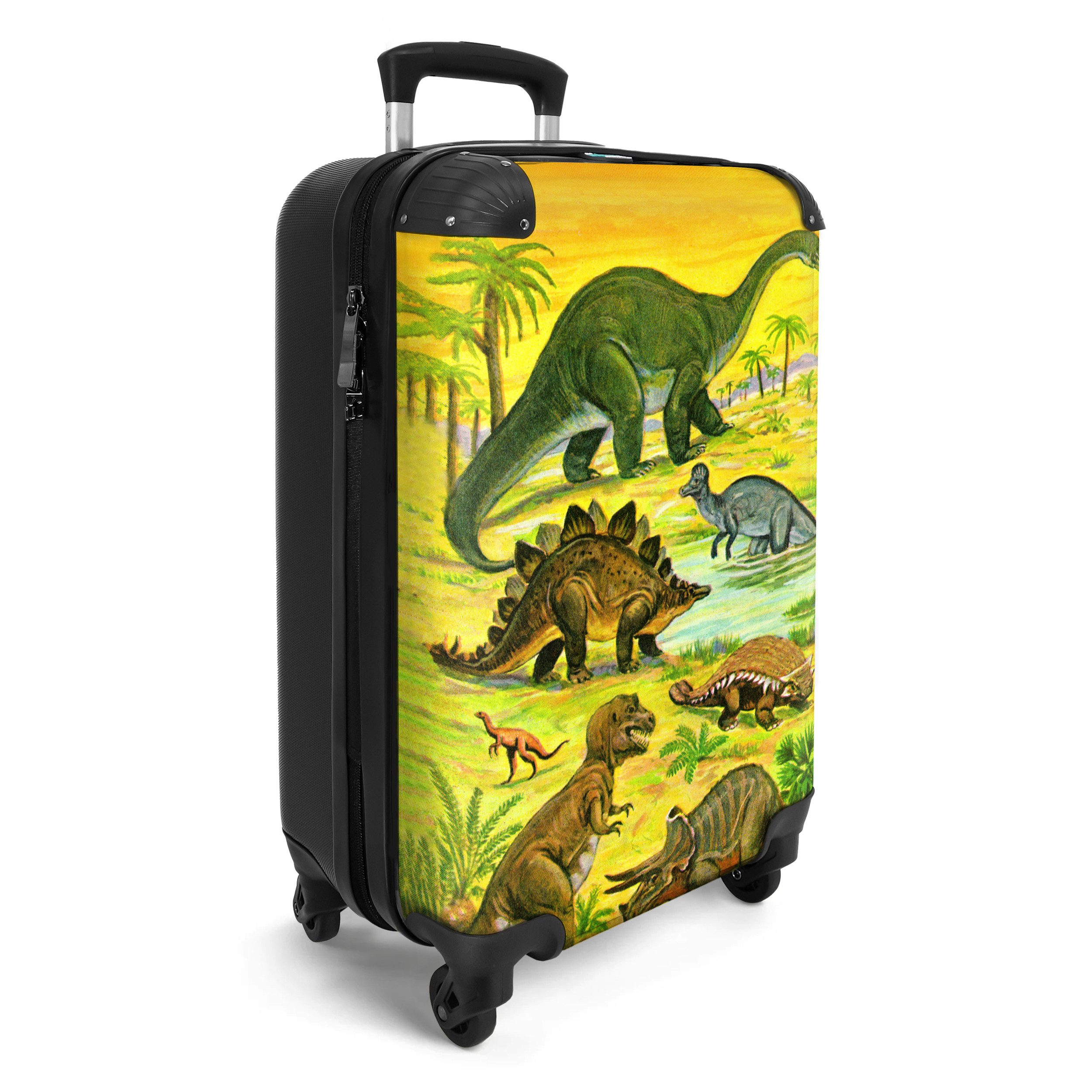 NoBoringSuitcases.com© Kinderkoffer Dino - Illustration - Gelb - Jungen 55x35x20cm, 4 Rollen, Handgepäck Koffer, Hartschalenkoffer Kinder, Reisekoffer Jungen