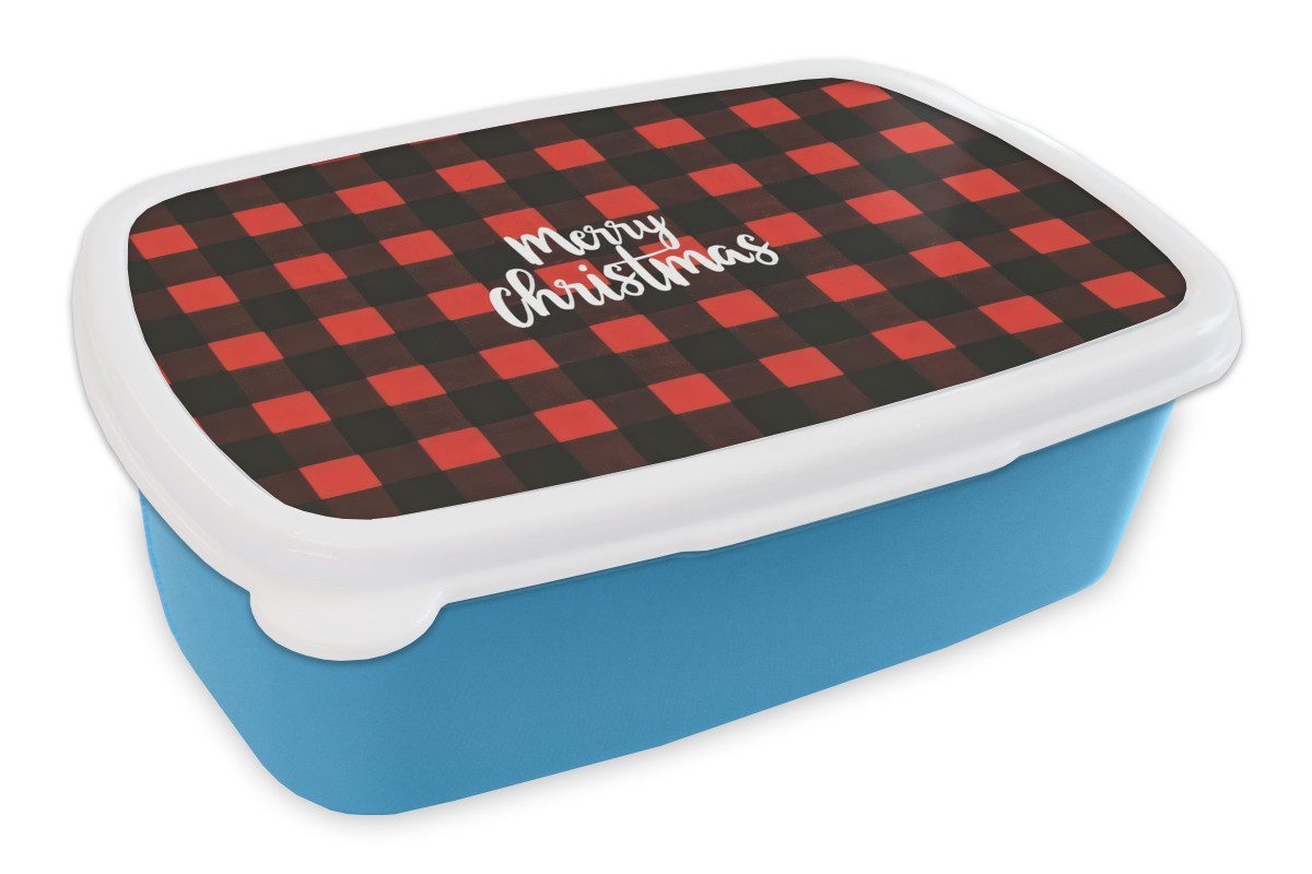 MuchoWow Lunchbox Kariert - Rot - Text - Weihnachten, Kunststoff, (2-tlg), Brotdose, Lunchbox, Brotbox für Kinder und Erwachsene