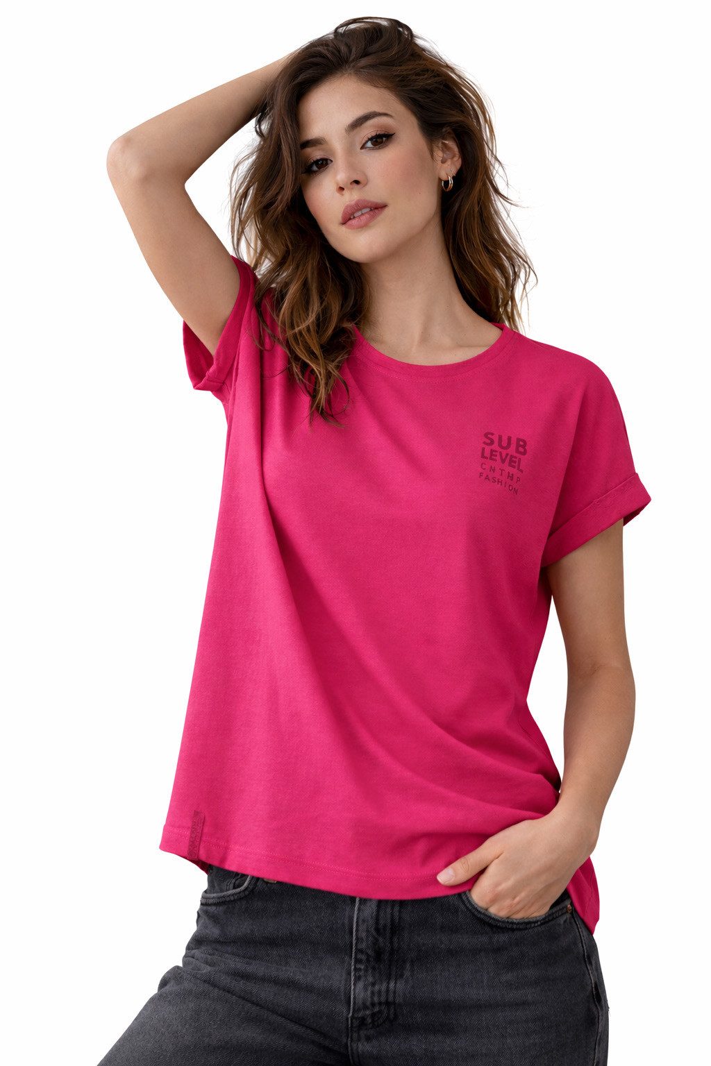 SUBLEVEL T-Shirt Damen Shirt Turn-Up Ärmel Weiches Basic Shirt Rundhals Kurzarm Baunwolle Modal Mix, super soft, unifarben, markenlogo