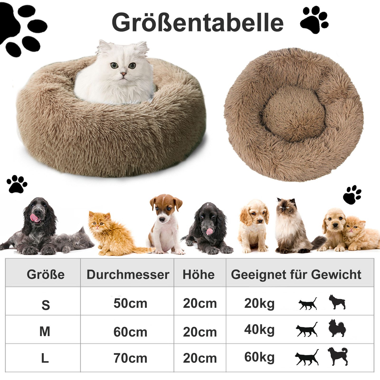 CALIYO Tierbett Tierbetten, Katzenbett waschbar Flauschiges Hundebett 50/60/70/100 cm, für Katzen und kleine Hunde, plüsch Katzenkissen rund
