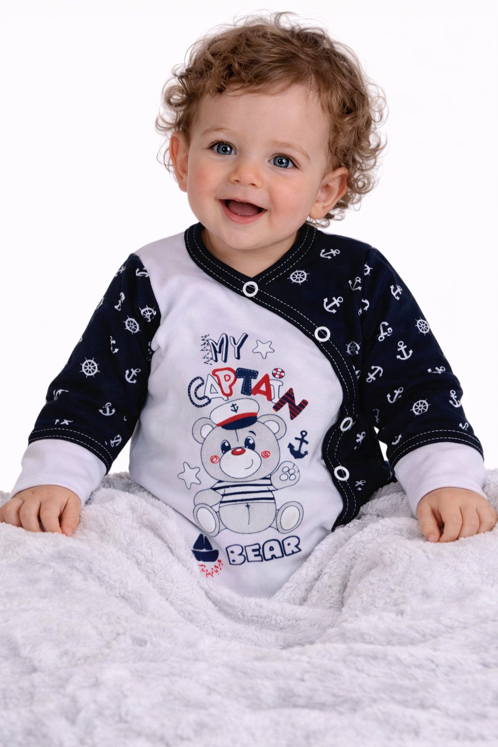 Wickelbody Langarmbody mit Kratzschutz Baby Body in Blau mit Anker