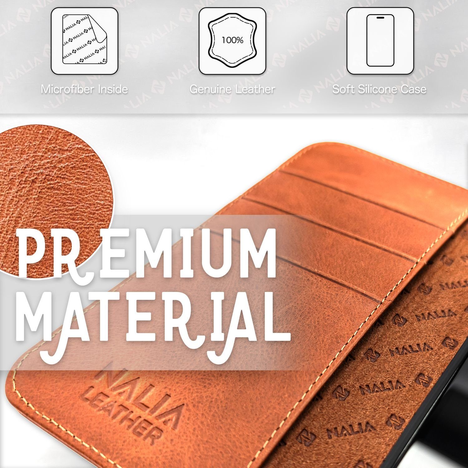 Nalia Flip Case Apple iPhone 14 Pro Max 17 cm (6,7 Zoll), Echt Leder Flip Case Hülle / Magnetverschluss / Premium Leather Case
