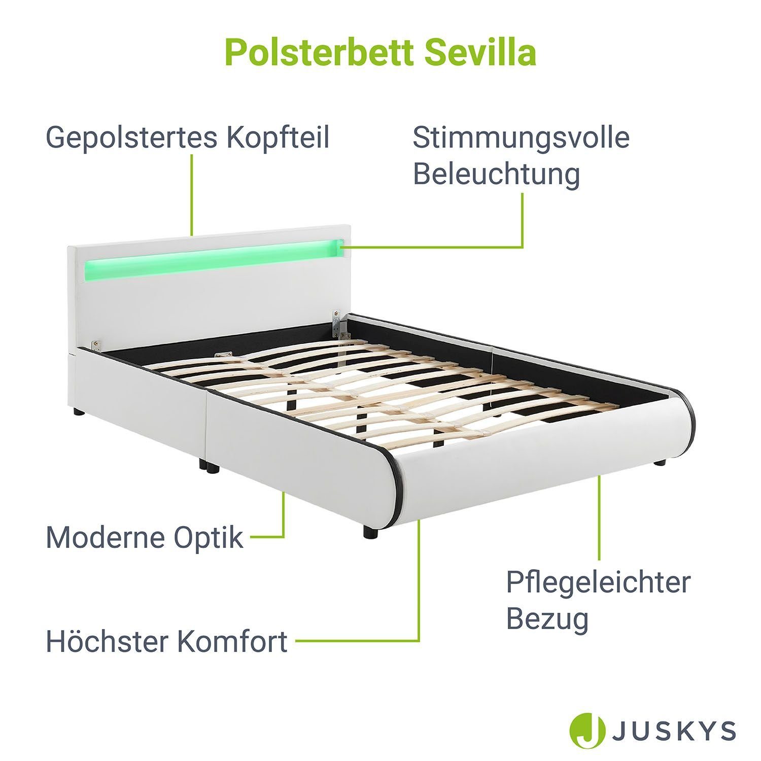 gepolstertes Juskys Weiß 140x200 Sevilla, RGB-LED, cm, Kopfteil Polsterbett Kunstleder,