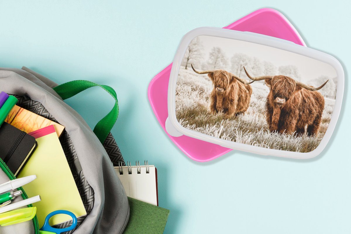 MuchoWow Lunchbox Natur für Kunststoff, Kuh Brotdose - Kinder, Schottischer - Snackbox, Erwachsene, (2-tlg), Mädchen, Kunststoff Winter, - Hochländer Brotbox rosa