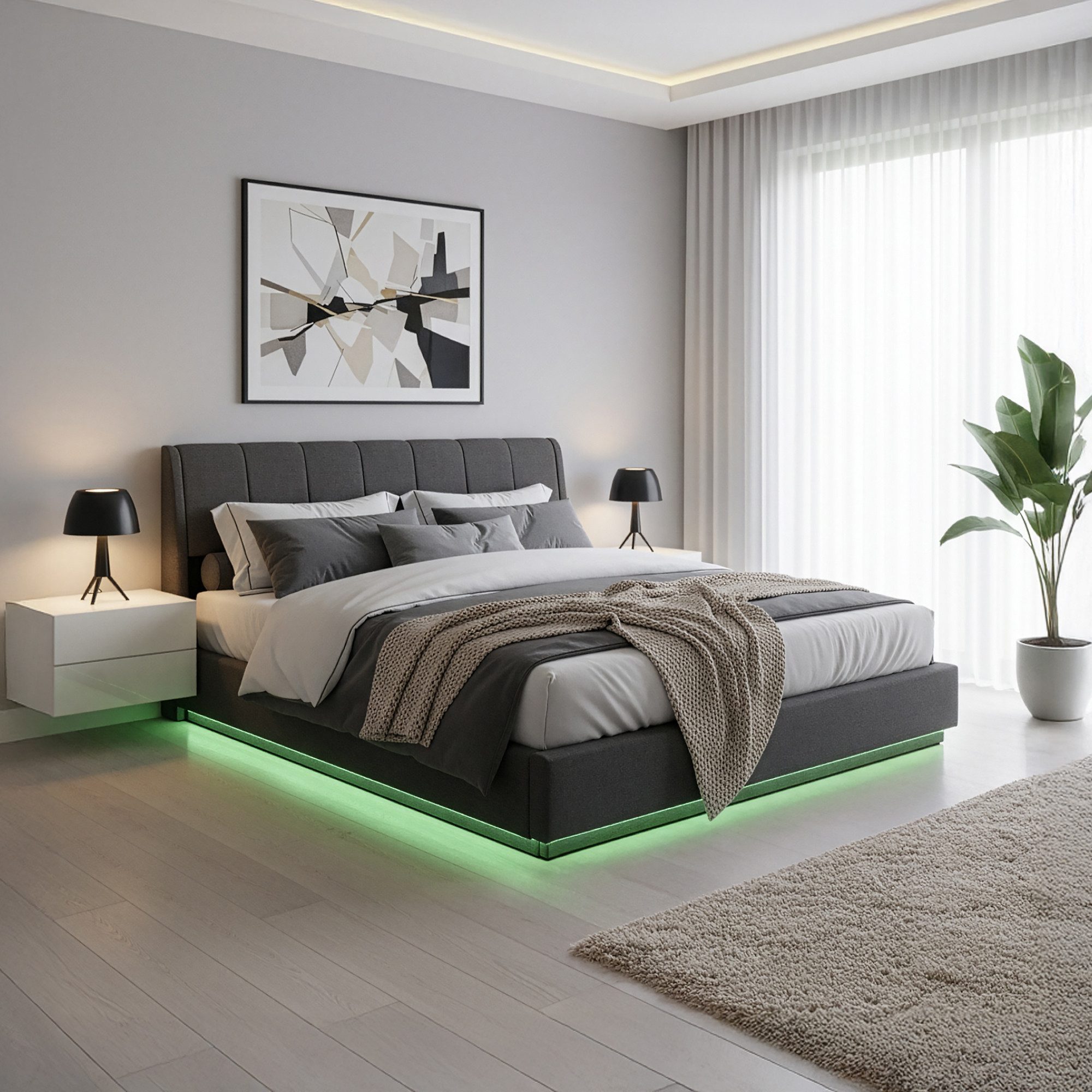 en.casa Polsterbett, »Tröstiar« mit LED-Beleuchtung Bettkasten Leinen 180 x günstig online kaufen