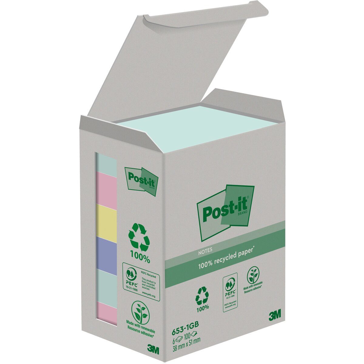Post-it Notes Haftnotizblock Haftnotiz Recycling Notes 51x38mm 100 Blatt mint, flamingopink, gelb